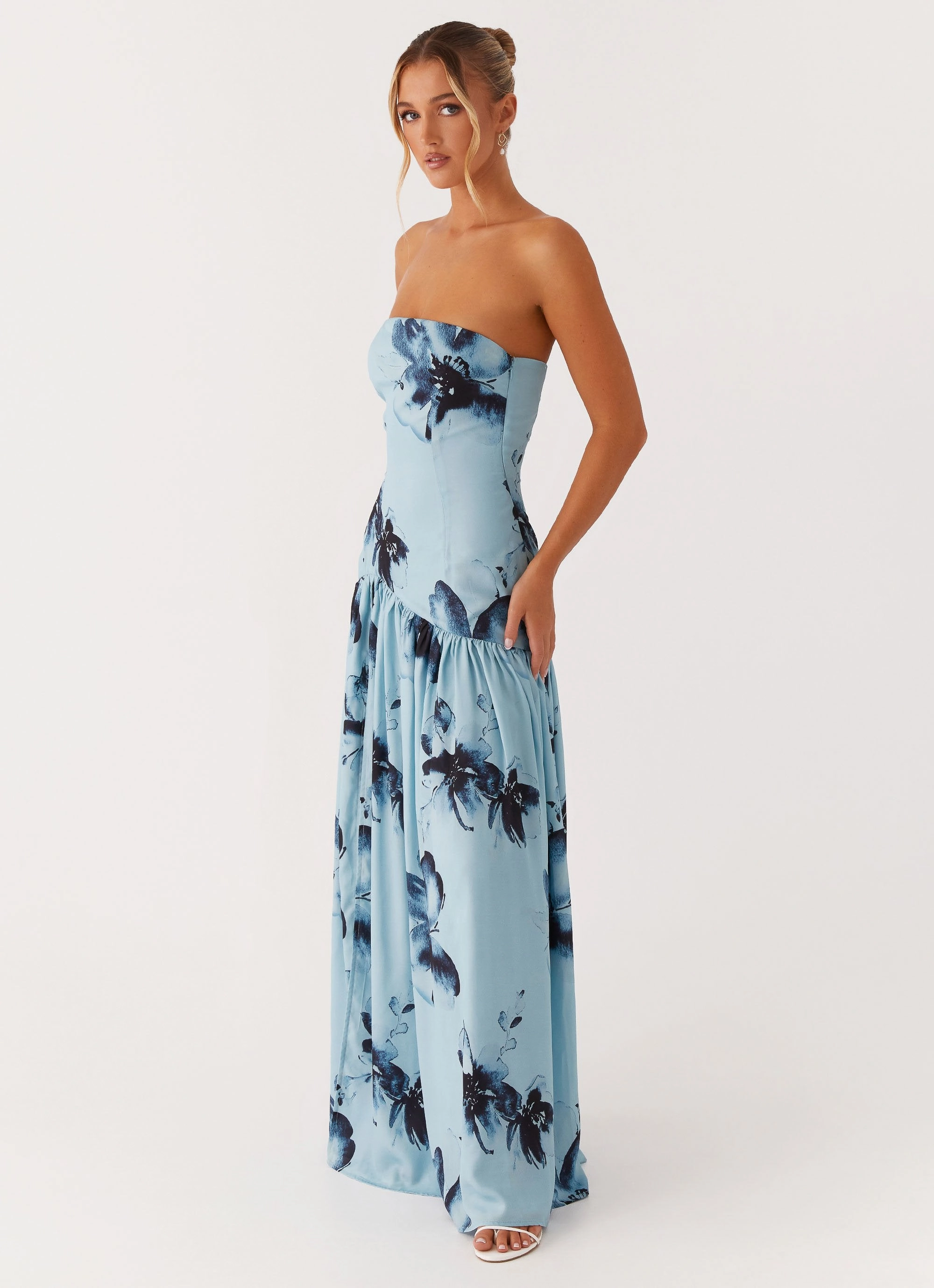 Eden Strapless Maxi Dress - Blue Black Floral Minimal Mood