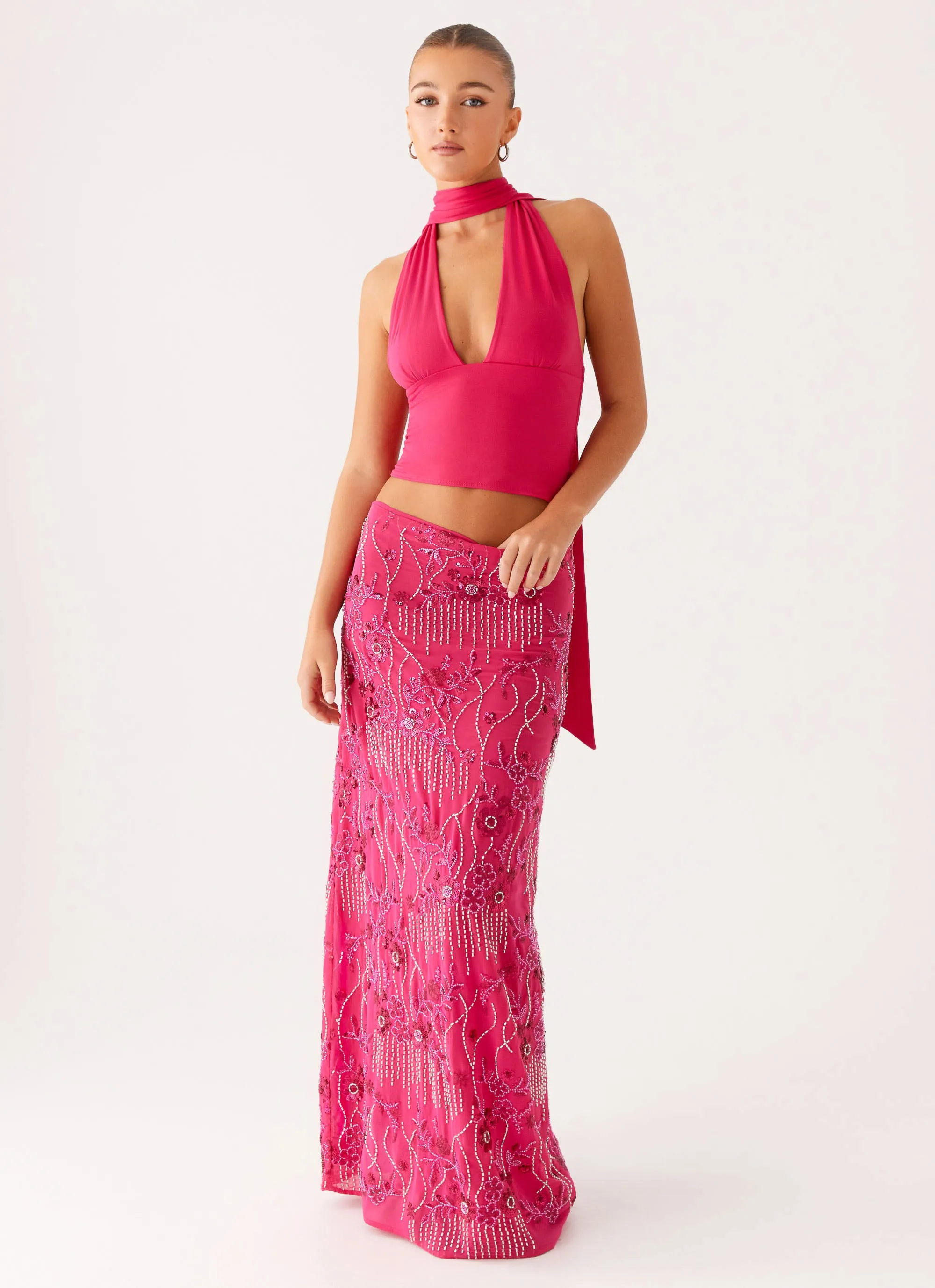 Corinna Low Rise Sequin Maxi Skirt - Fuchsia Crisp Look