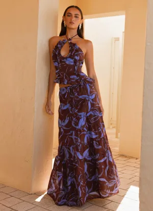 Mariella Linen Maxi Skirt - Purple Brown Floral Embossed Detail Aesthetic Fit