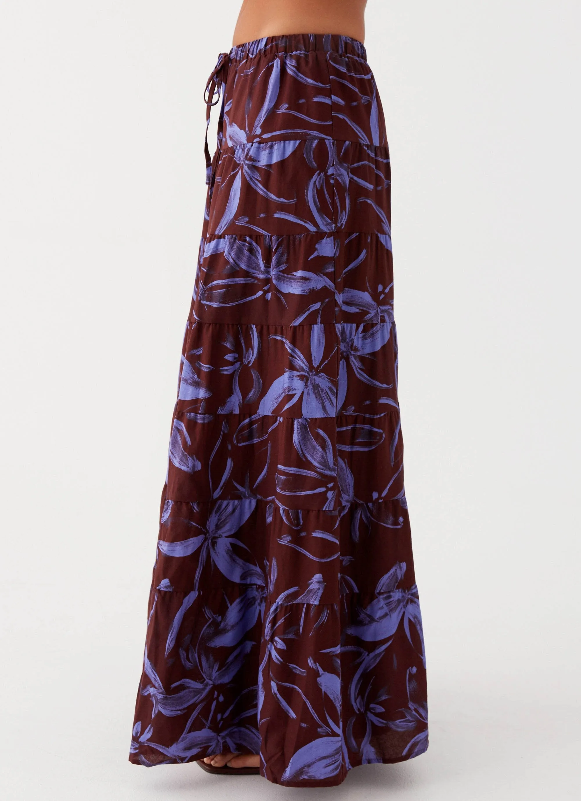 Mariella Linen Maxi Skirt - Purple Brown Floral Non see through