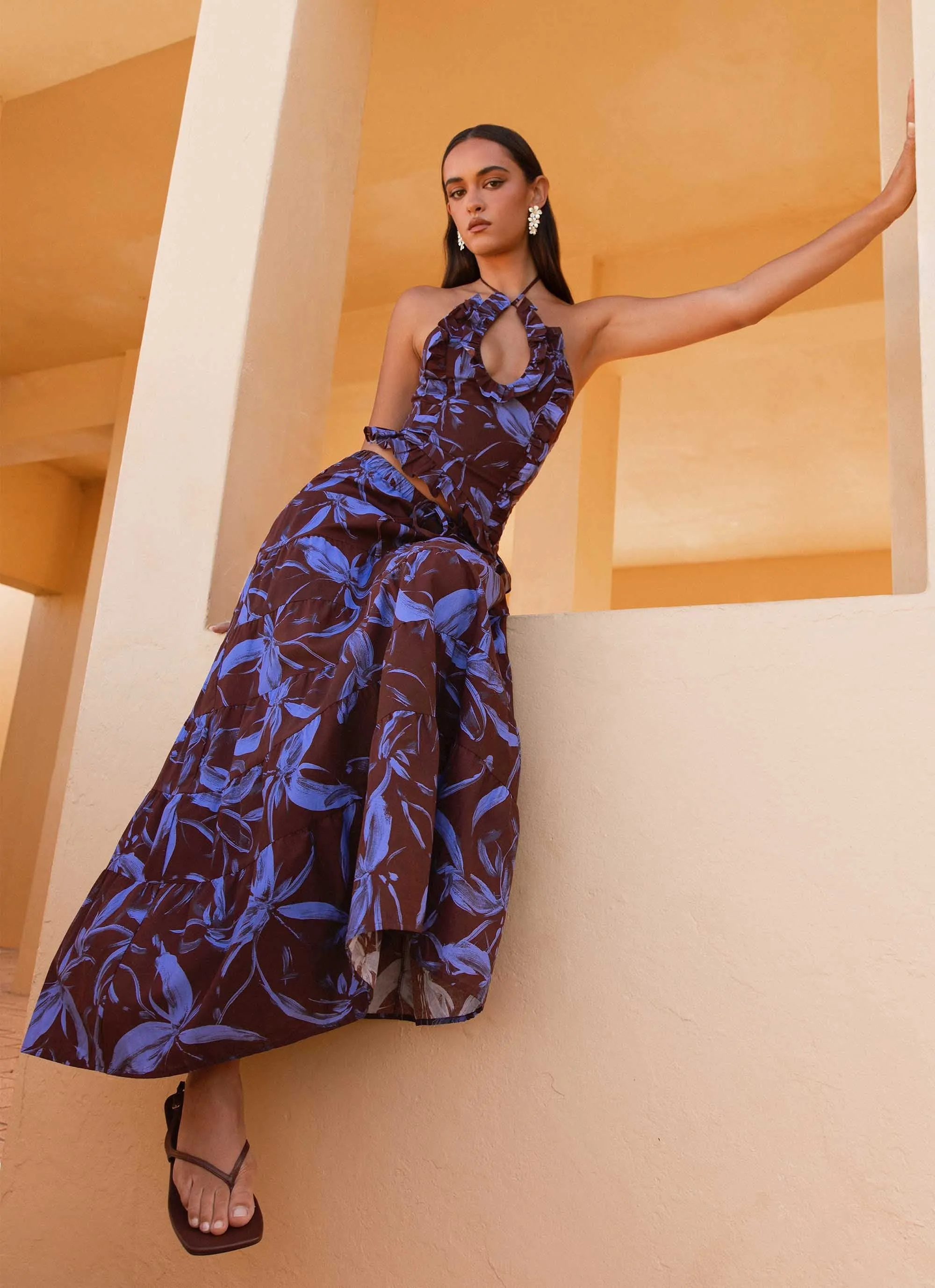 Breathable fabric Flow Look Mariella Linen Maxi Skirt - Purple Brown Floral