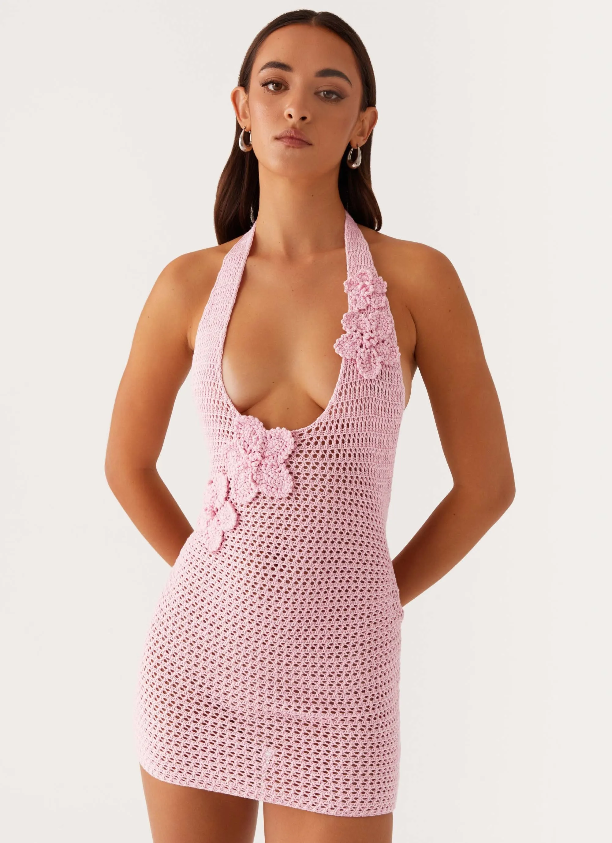 Luciana Crochet Halterneck Mini Dress - Pink bohemian flair