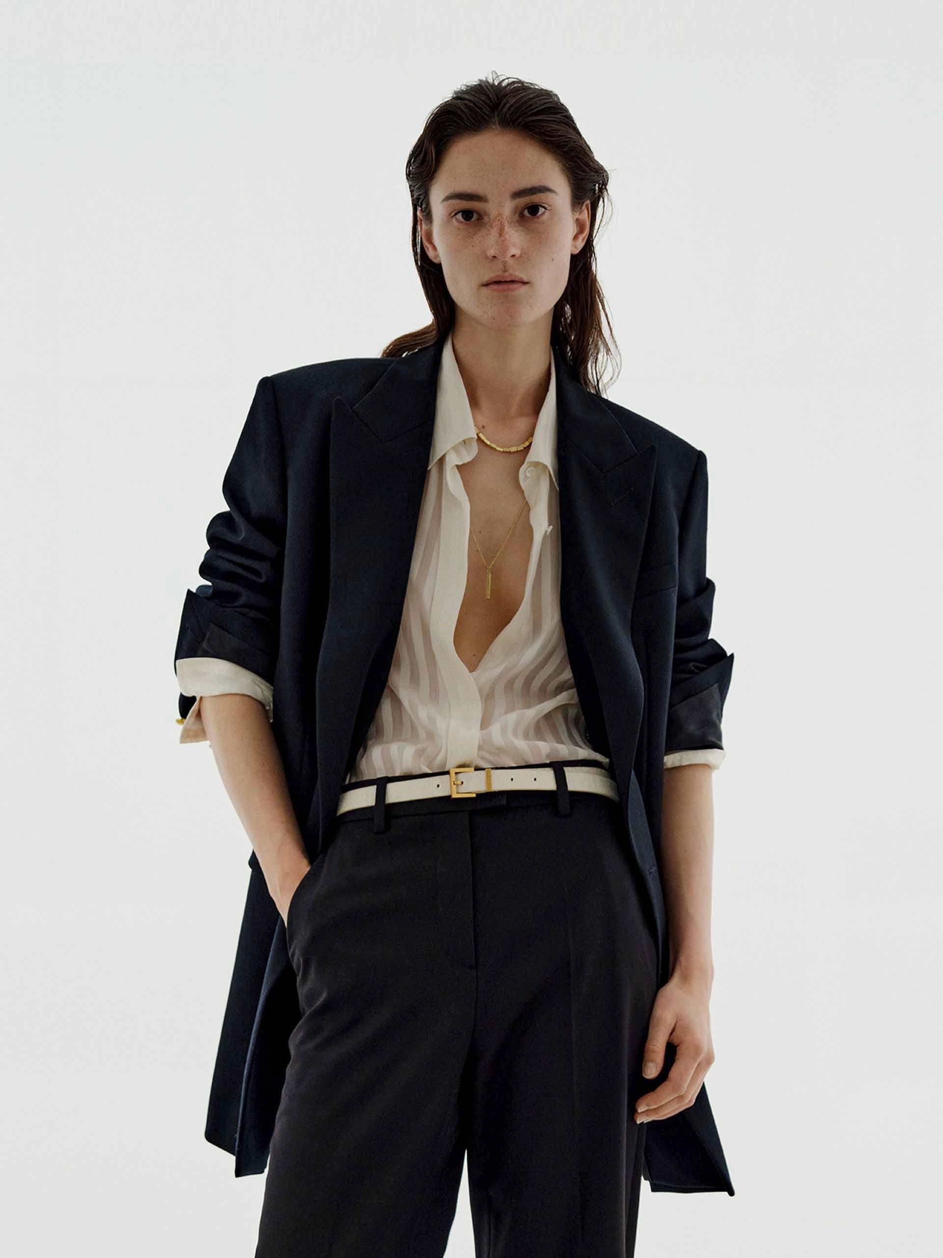 Tapered Hem Comfy Essentials Metal Double Breasted Blazer