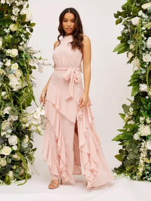 Frill High Neck Maxi Chiffon Dress / Blush Long Lines