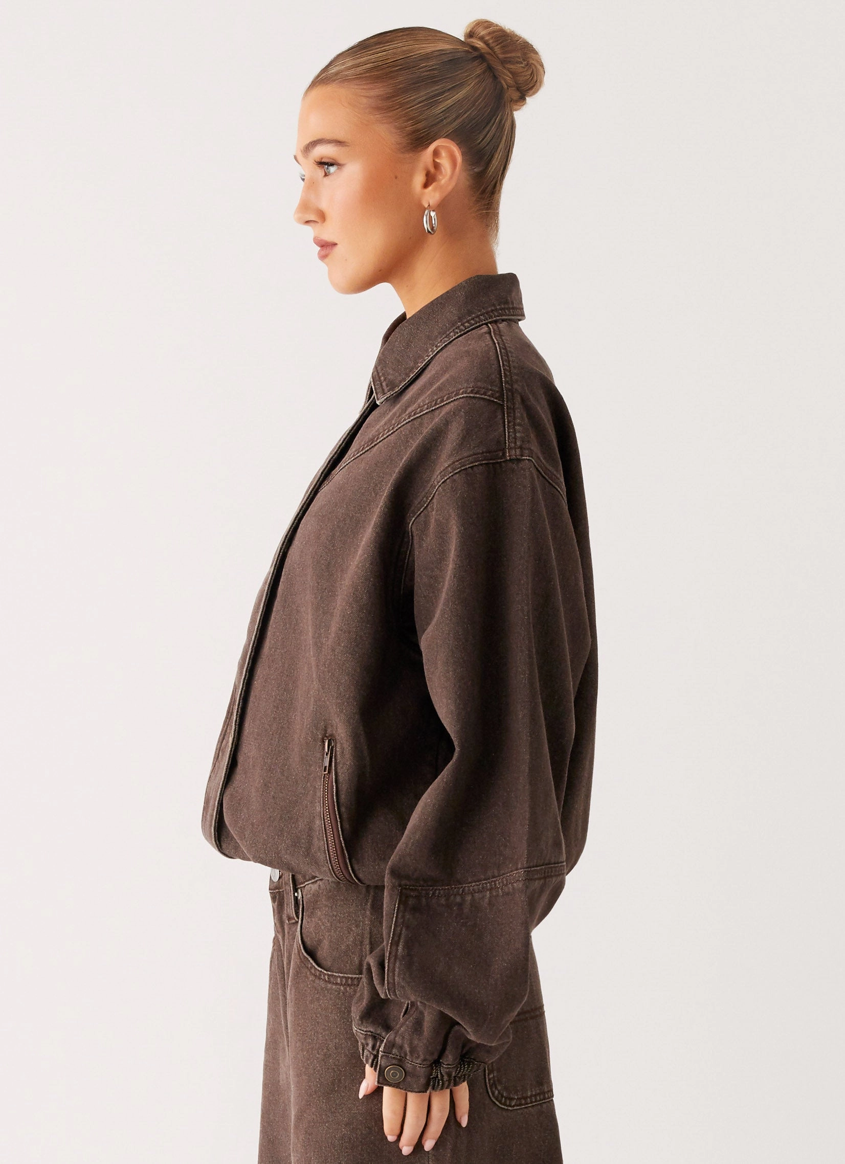 Functional fashion wear Midwest Washed Denim Bomber Jacket - Light Wash Chocolate