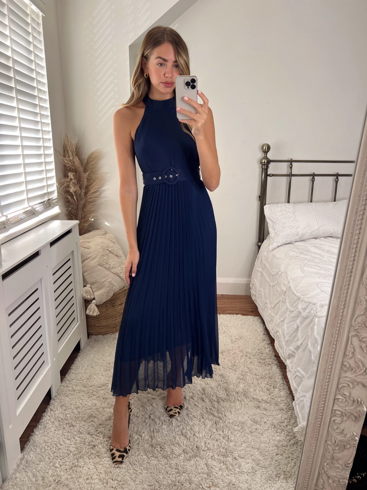 Luisa Belted Pleated Maxi Dress / Navy Elegant Fit