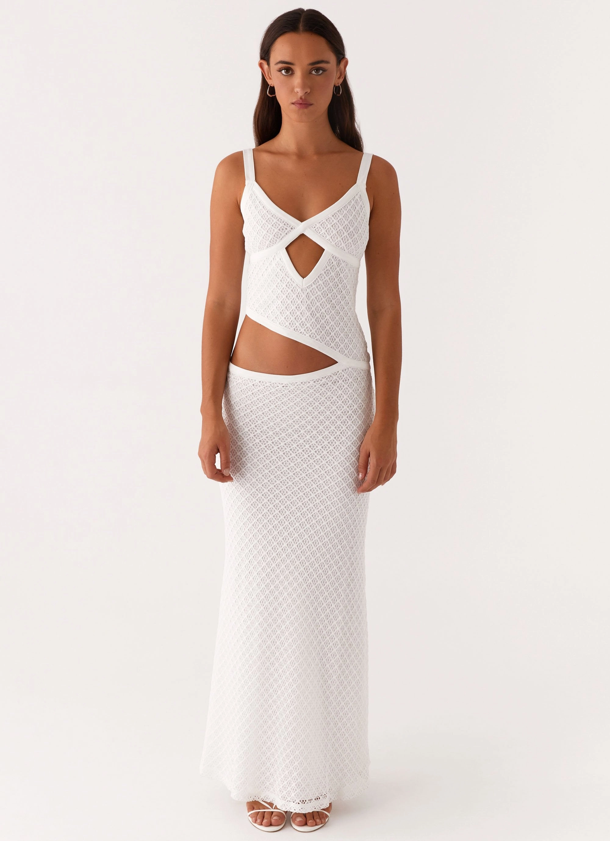 Jocelyn Maxi Dress - White Crochet Chic Tailoring Waist
