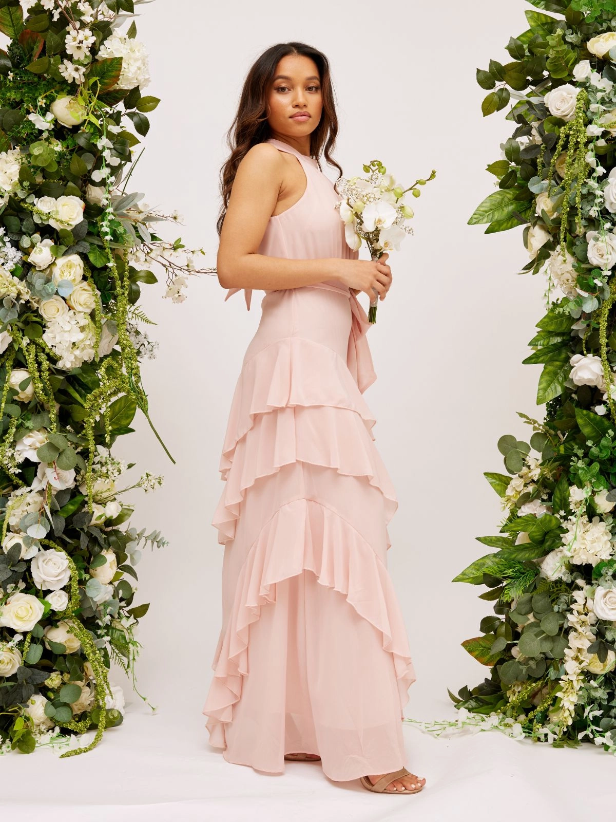 Romantic Vibes Frill High Neck Maxi Chiffon Dress / Blush