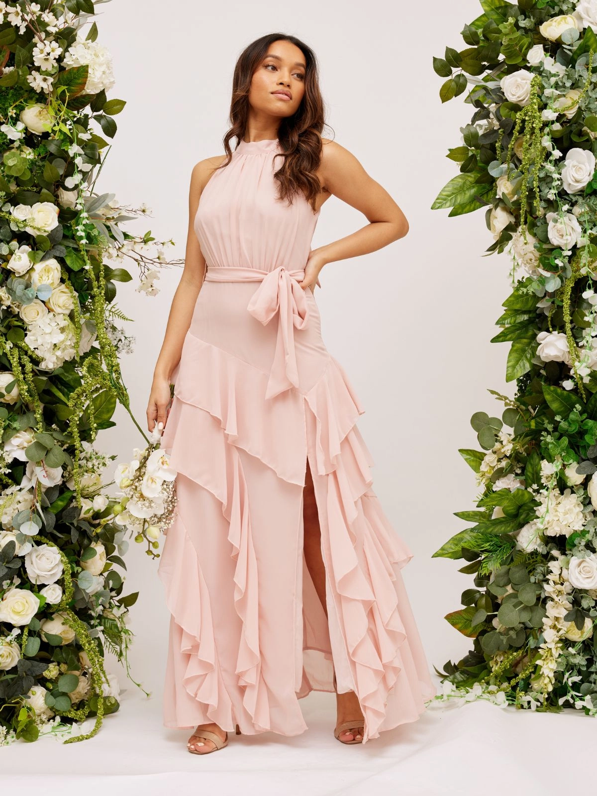 Flawless Construction Soft Touch Frill High Neck Maxi Chiffon Dress / Blush