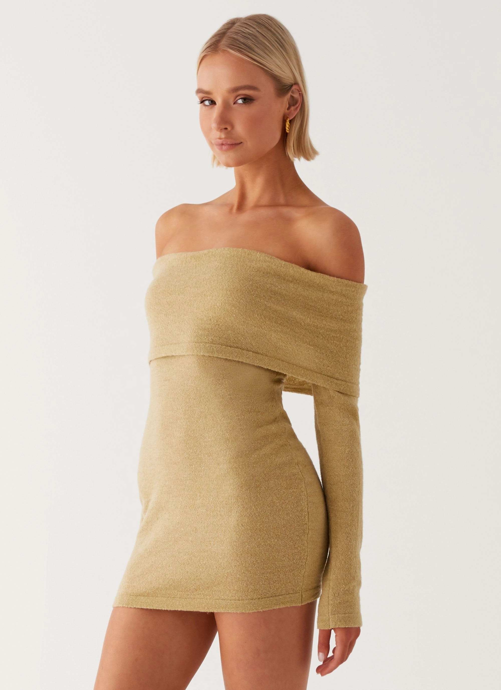 Myla Off Shoulder Mini Dress - Camel Bless Glow Chic Energy