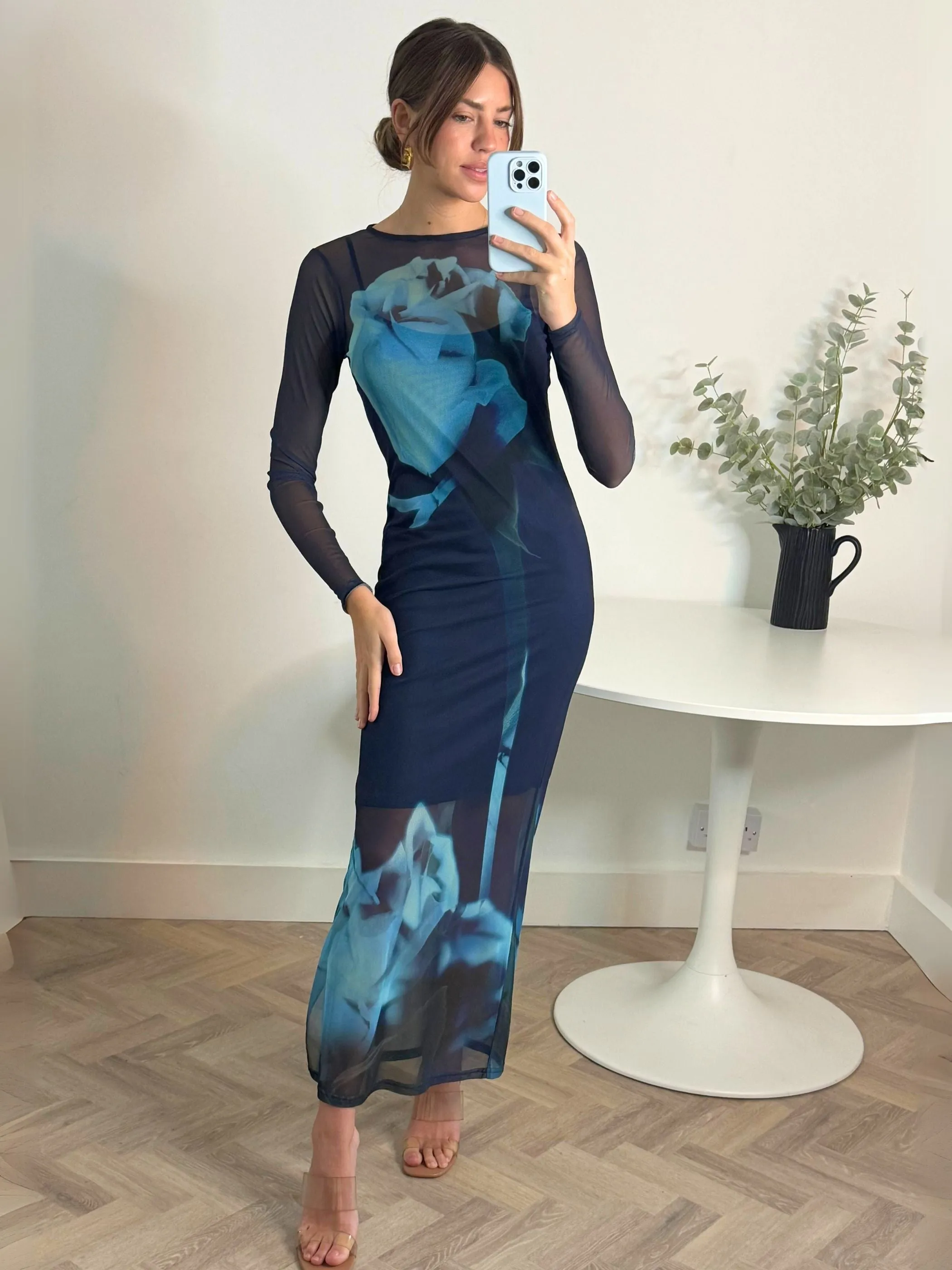 Villa Mood Elma Long Sleeve Mesh Maxi Dress in Blue Floral
