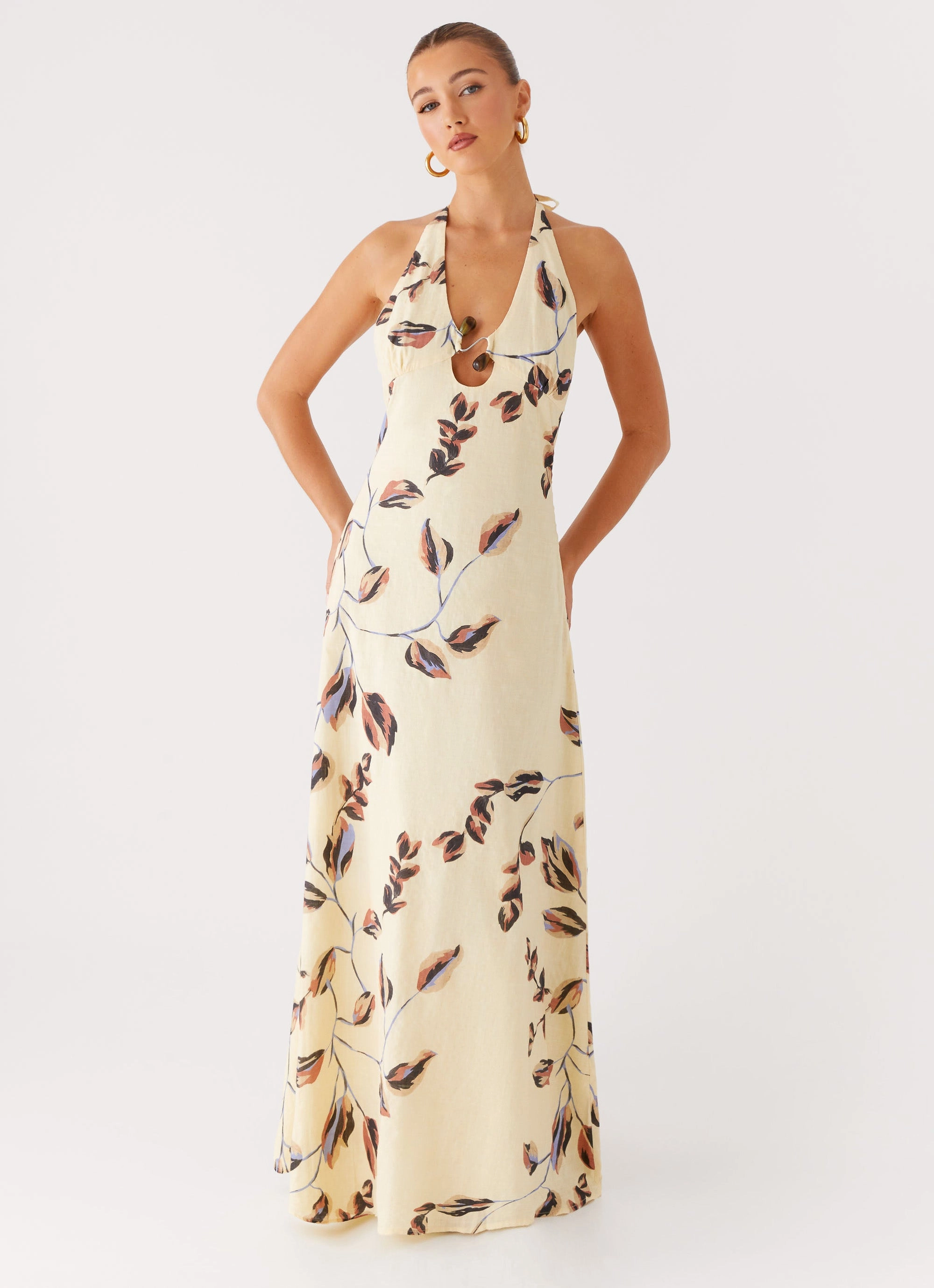 Lightweight and Breezy Matte-finish Elvina Halter Neck Maxi Dress - Buttercream Bliss