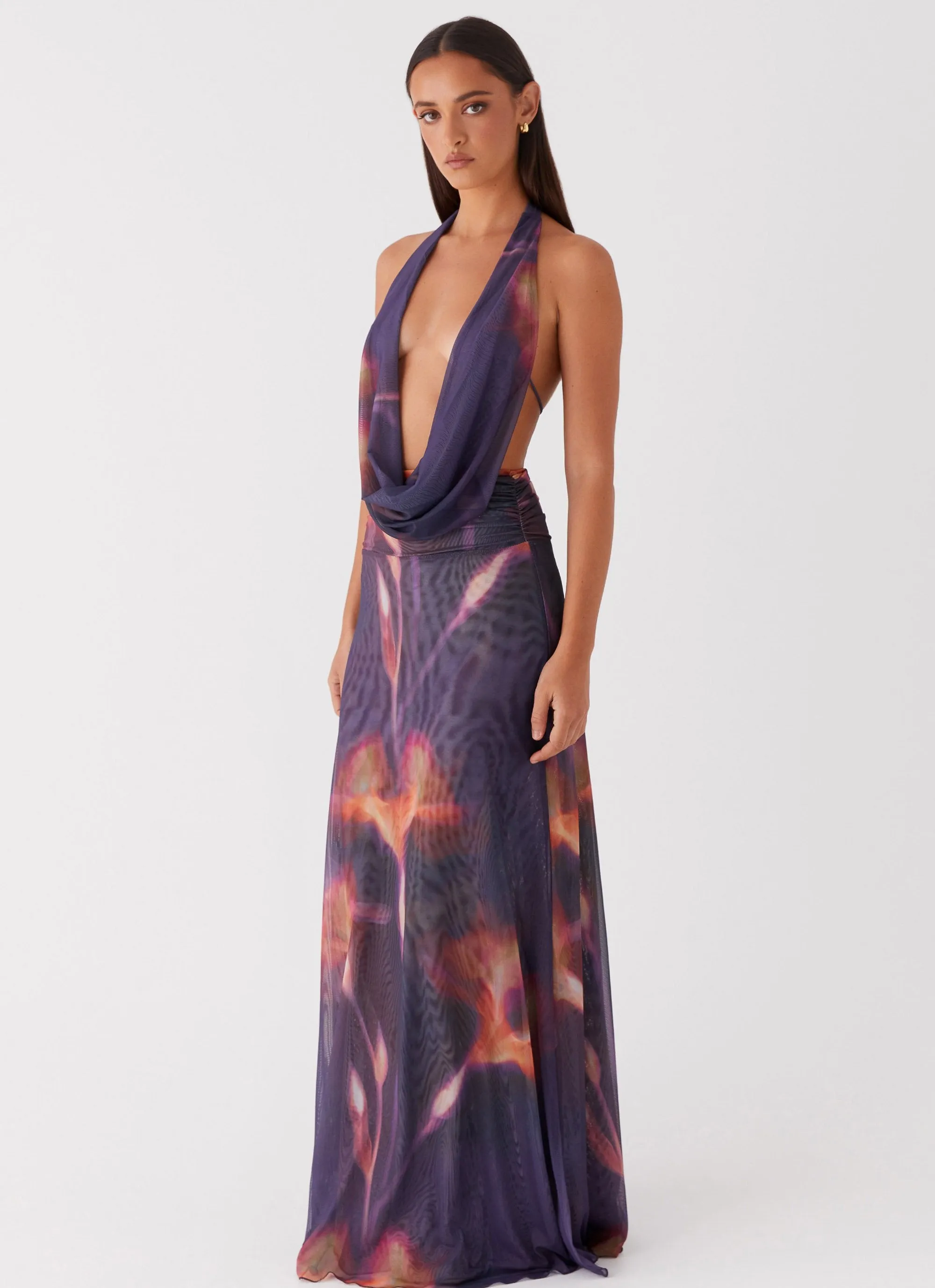 Brunch Outfit Cozy Wear Elysia Mesh Maxi Dress - Midnight Bloom