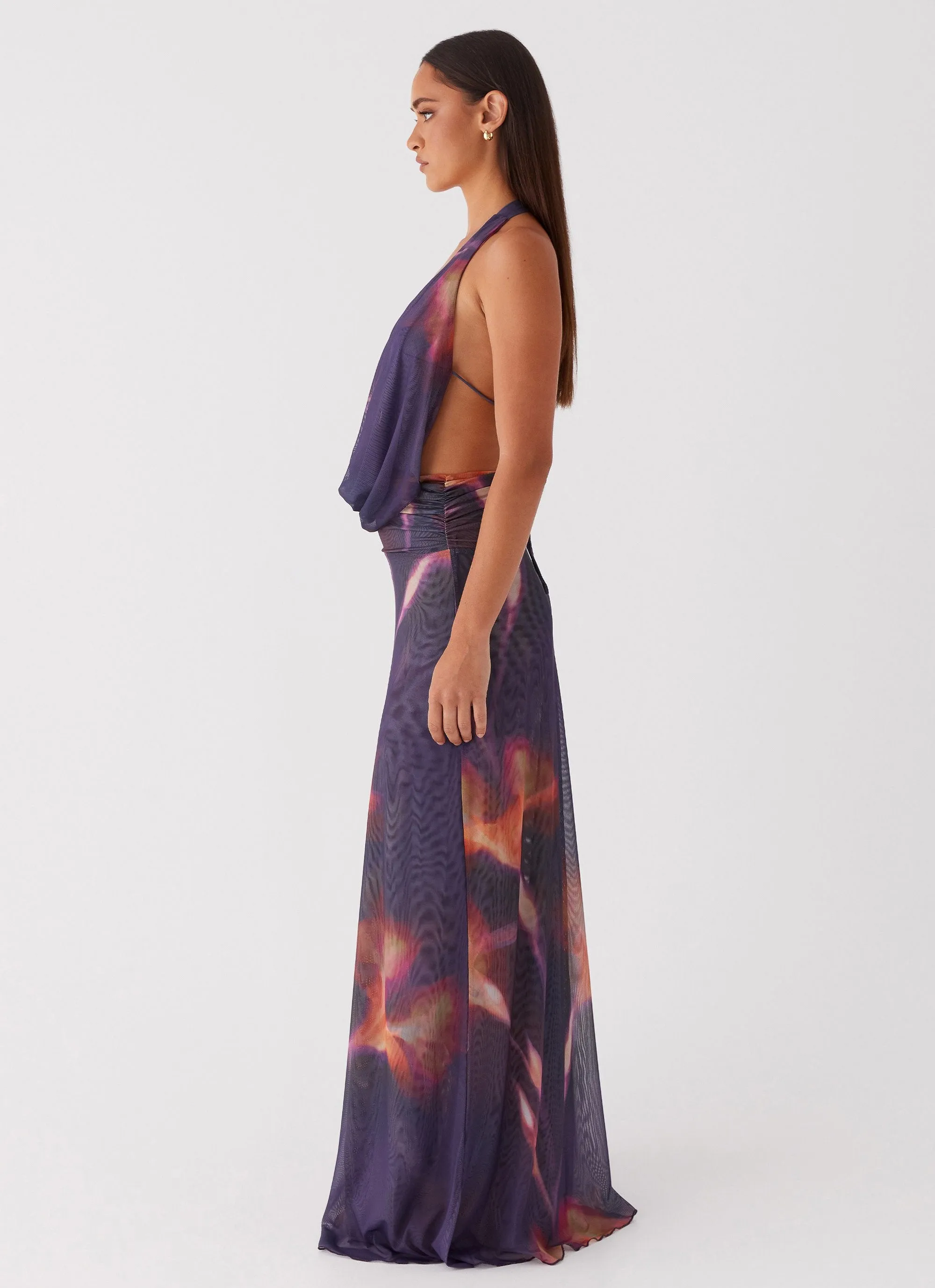 V-neck style Classy Detail Elysia Mesh Maxi Dress - Midnight Bloom