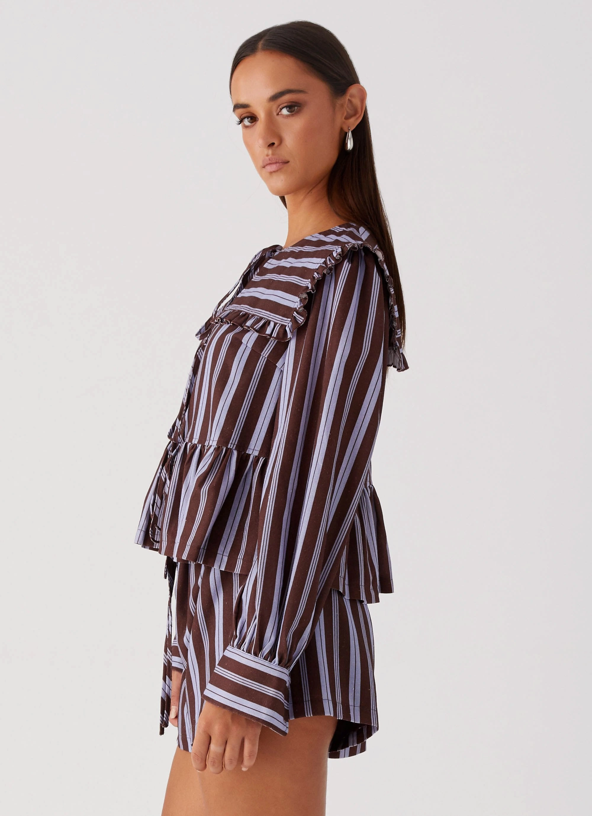 Emerson Tie Front Long Sleeve Top - Purple Brown Stripe ReinforcedStitching Quick Dry Material