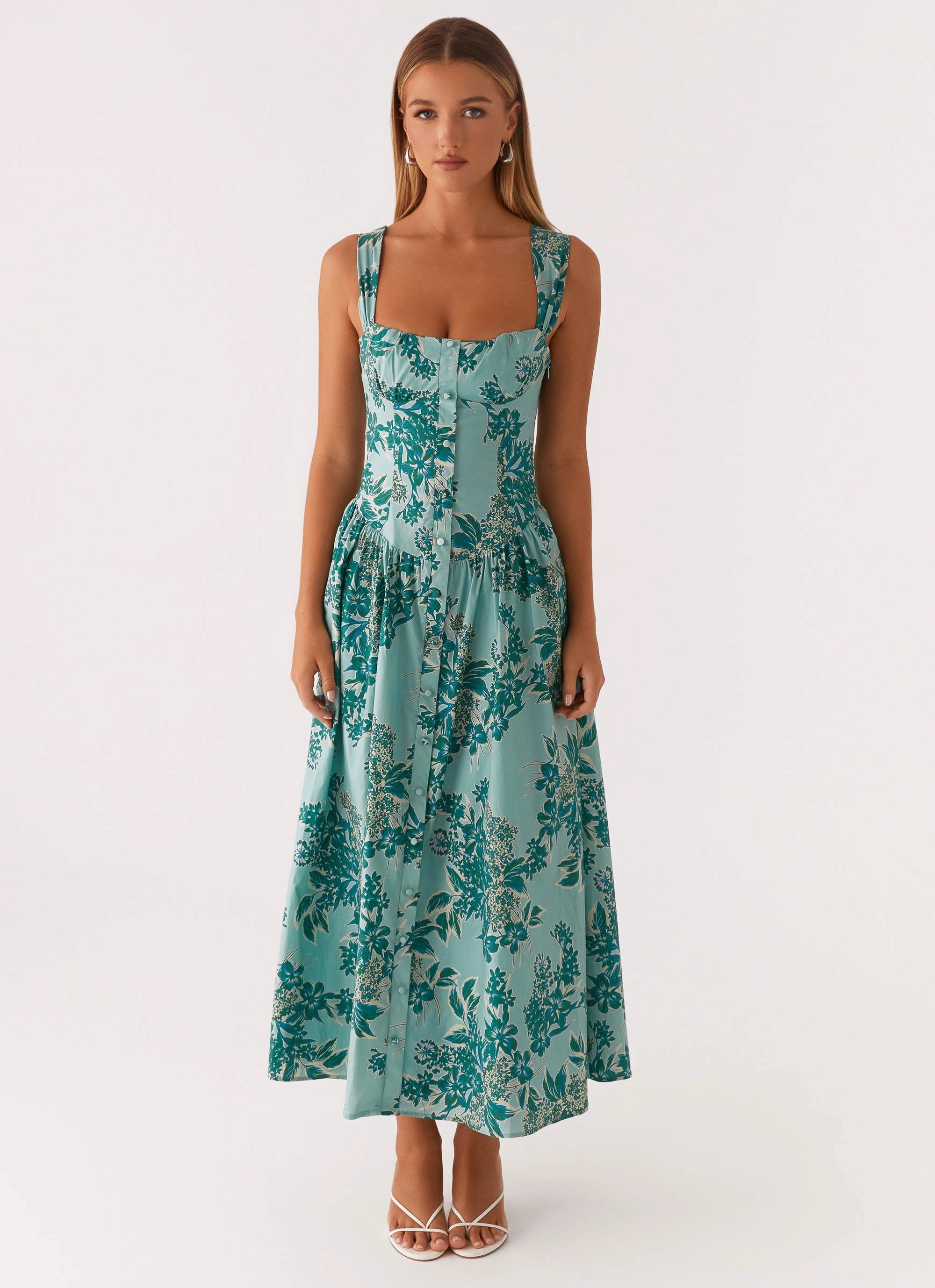 Formal dinner wear Modern Waist Design Emmalina Midi Dress - Cloud Nine Floral