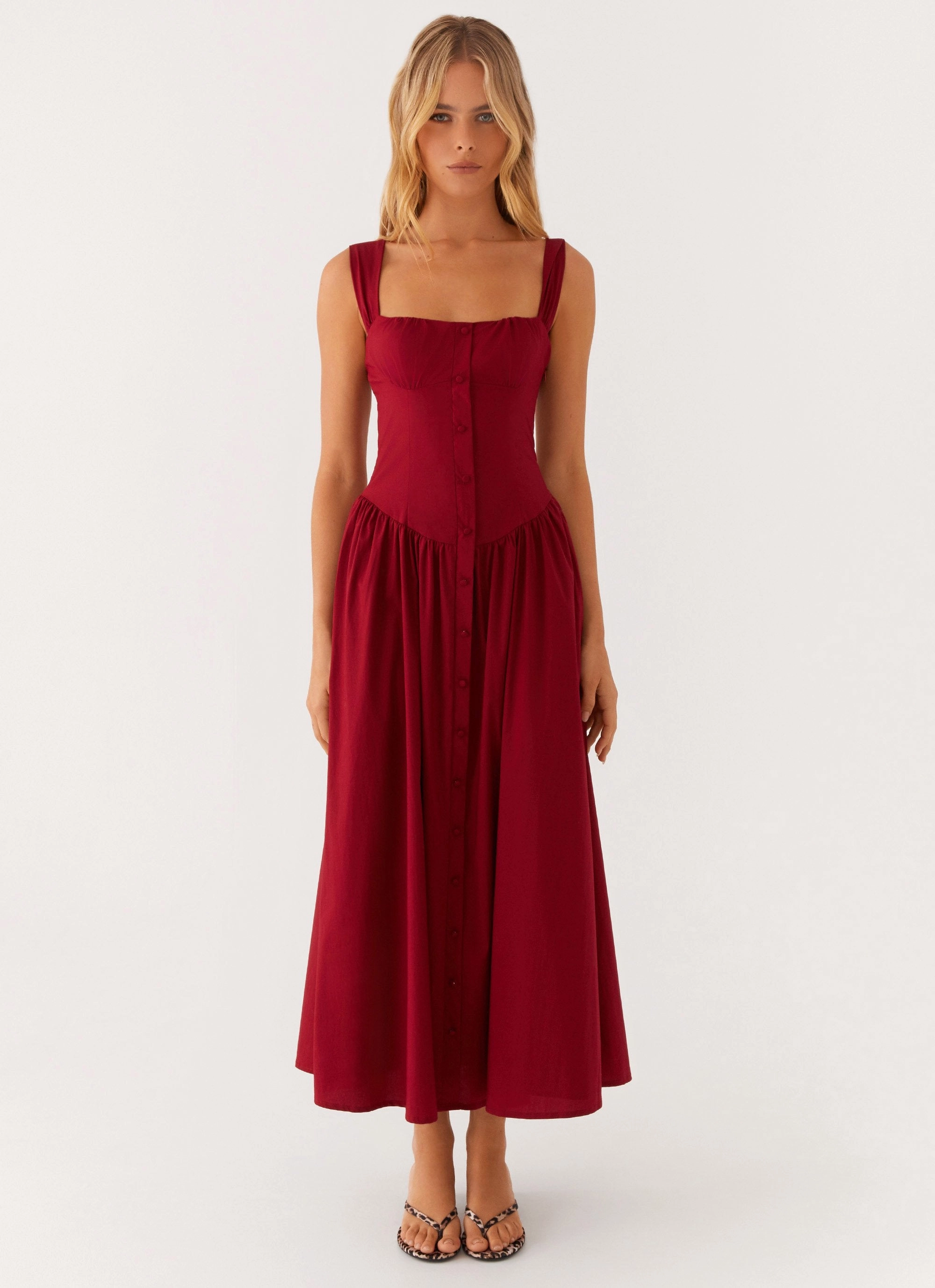 Emmalina Midi Dress - Deep Red Flutter-Sleeve