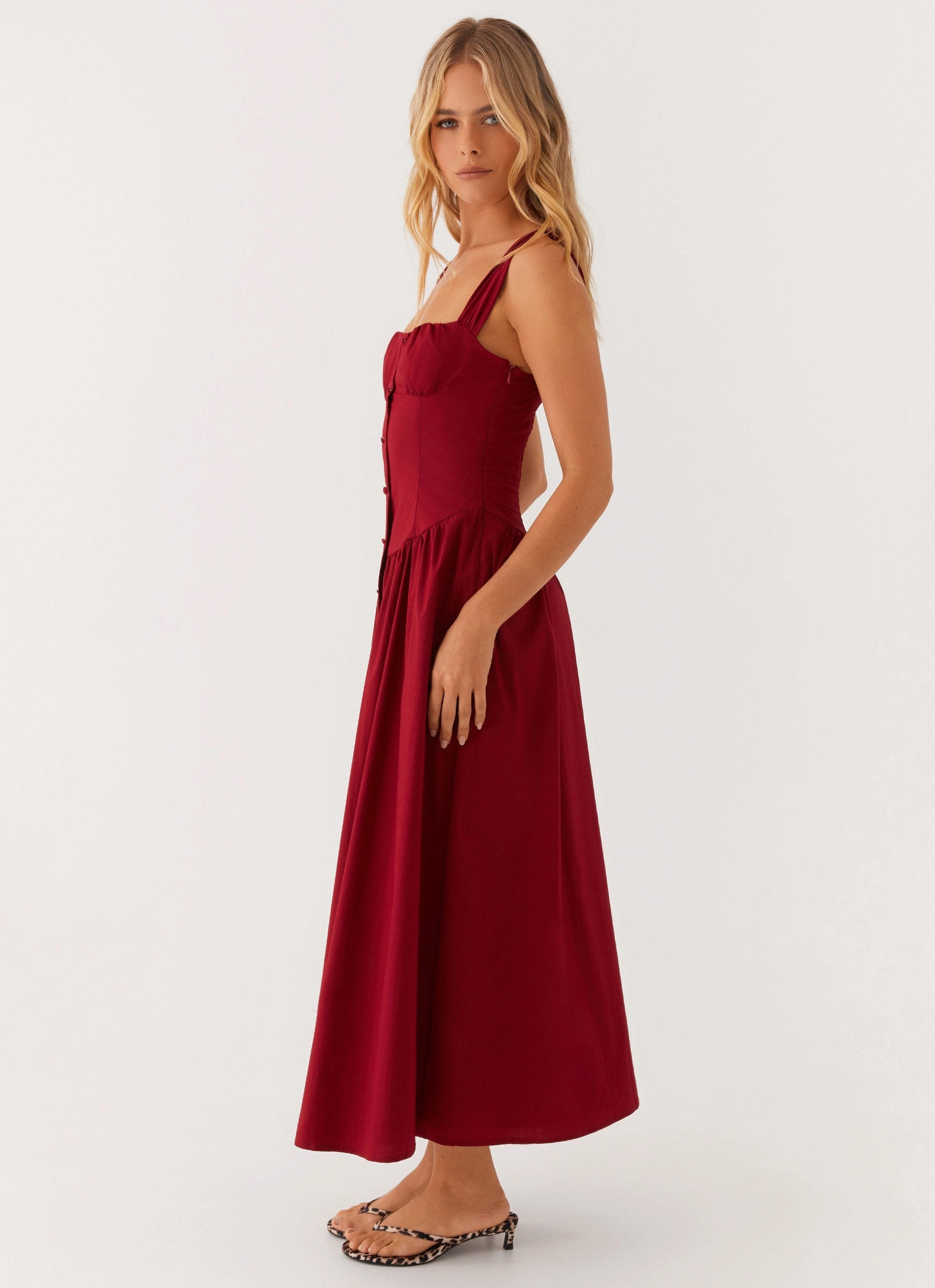 Emmalina Midi Dress - Deep Red Fine Details