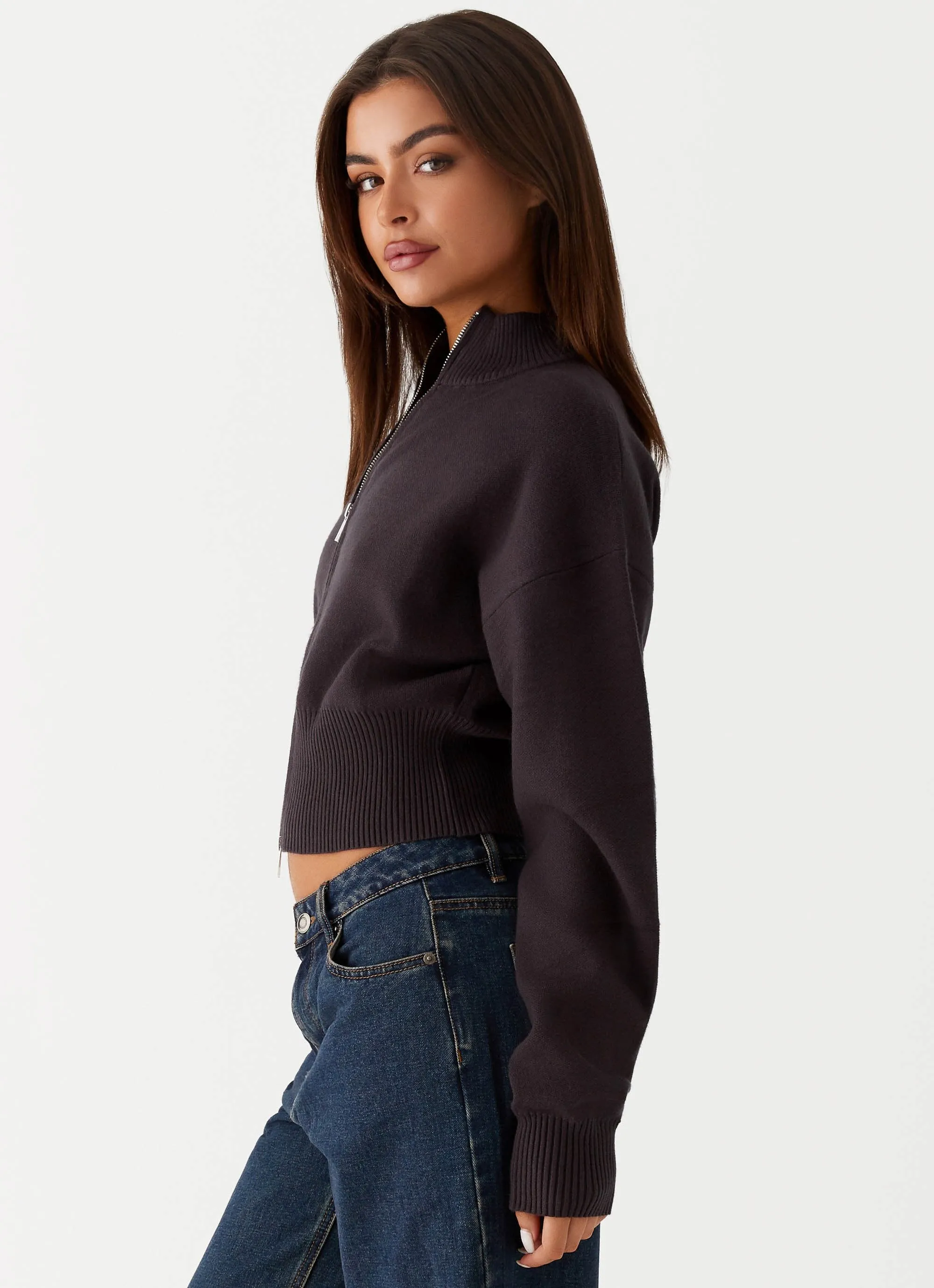 Episode High Neck Cardigan - Charcoal Minimalist Collar