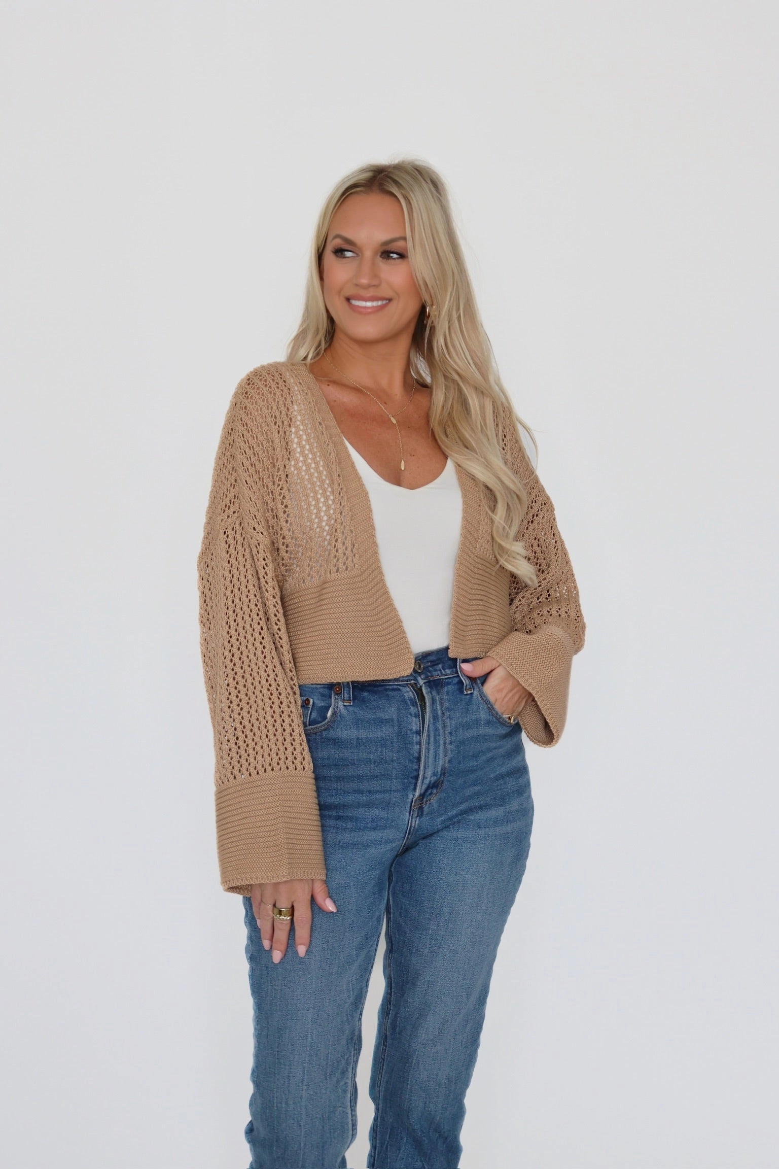 Michelle Cardigan- Camel LayeredPanel Classic Crew Neck