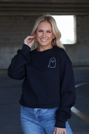 Embroidered Ghost Sweatshirt Contoured Side Panels Moisture Wicking Material