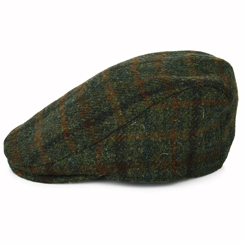 Failsworth Hats Harris Tweed Checked Oban Flat Cap with Earflaps - Olive-Rust