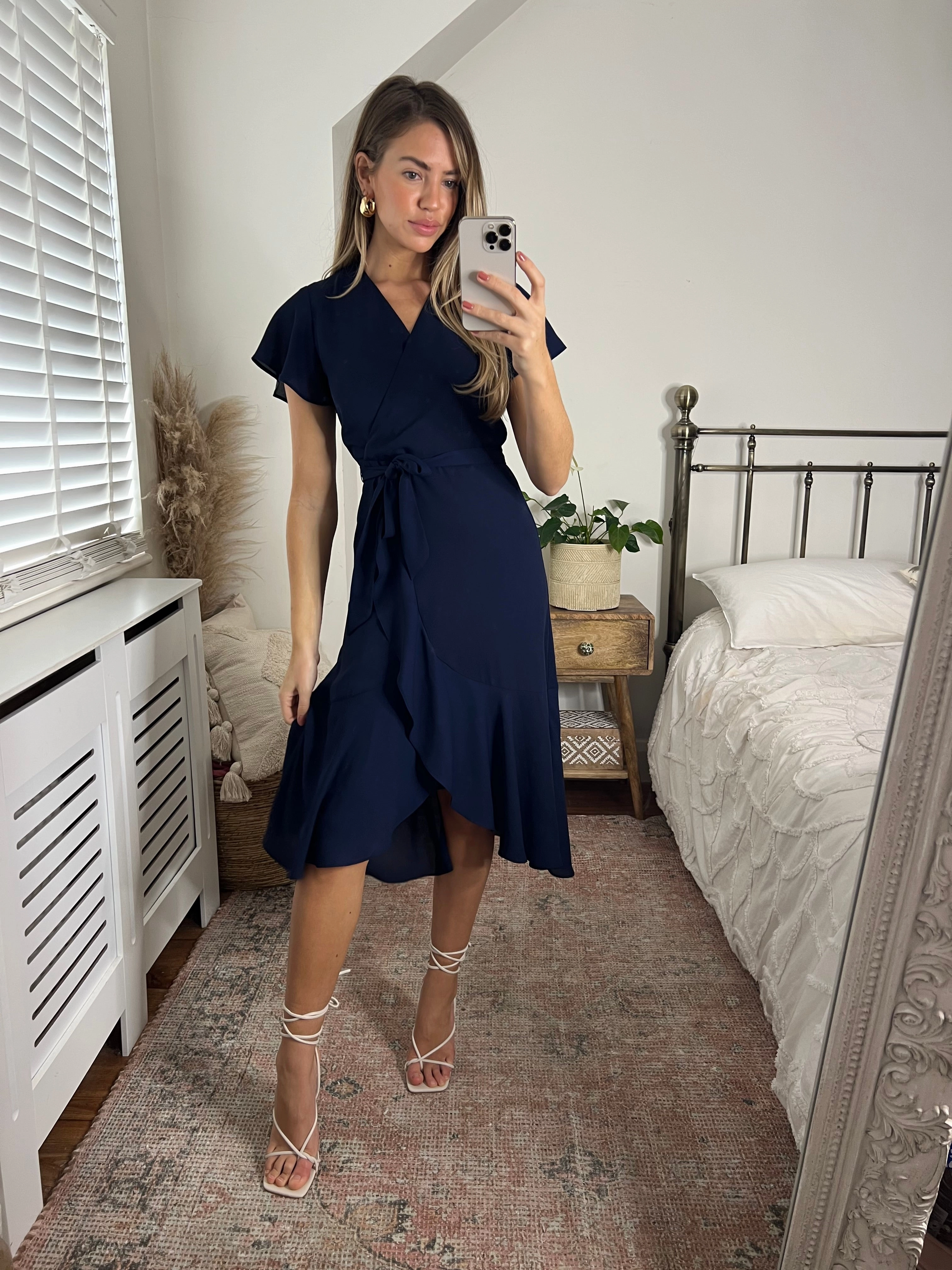 Faith Midi Ruffle Dress /  Navy Timeless Piece Bell-Sleeve