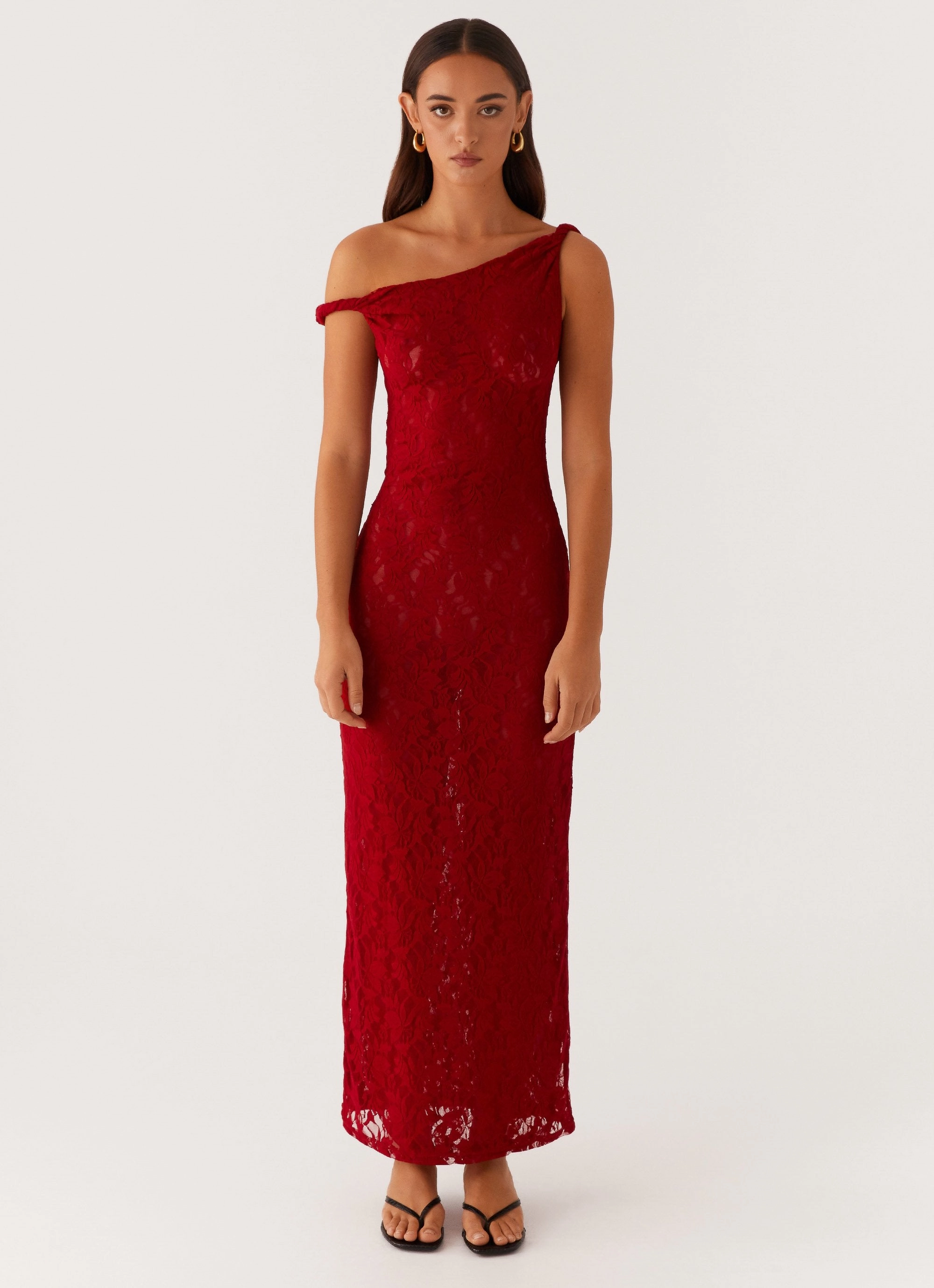 Life Soft Front Ruffle Arabella Twist Shoulder Maxi Dress - Maroon