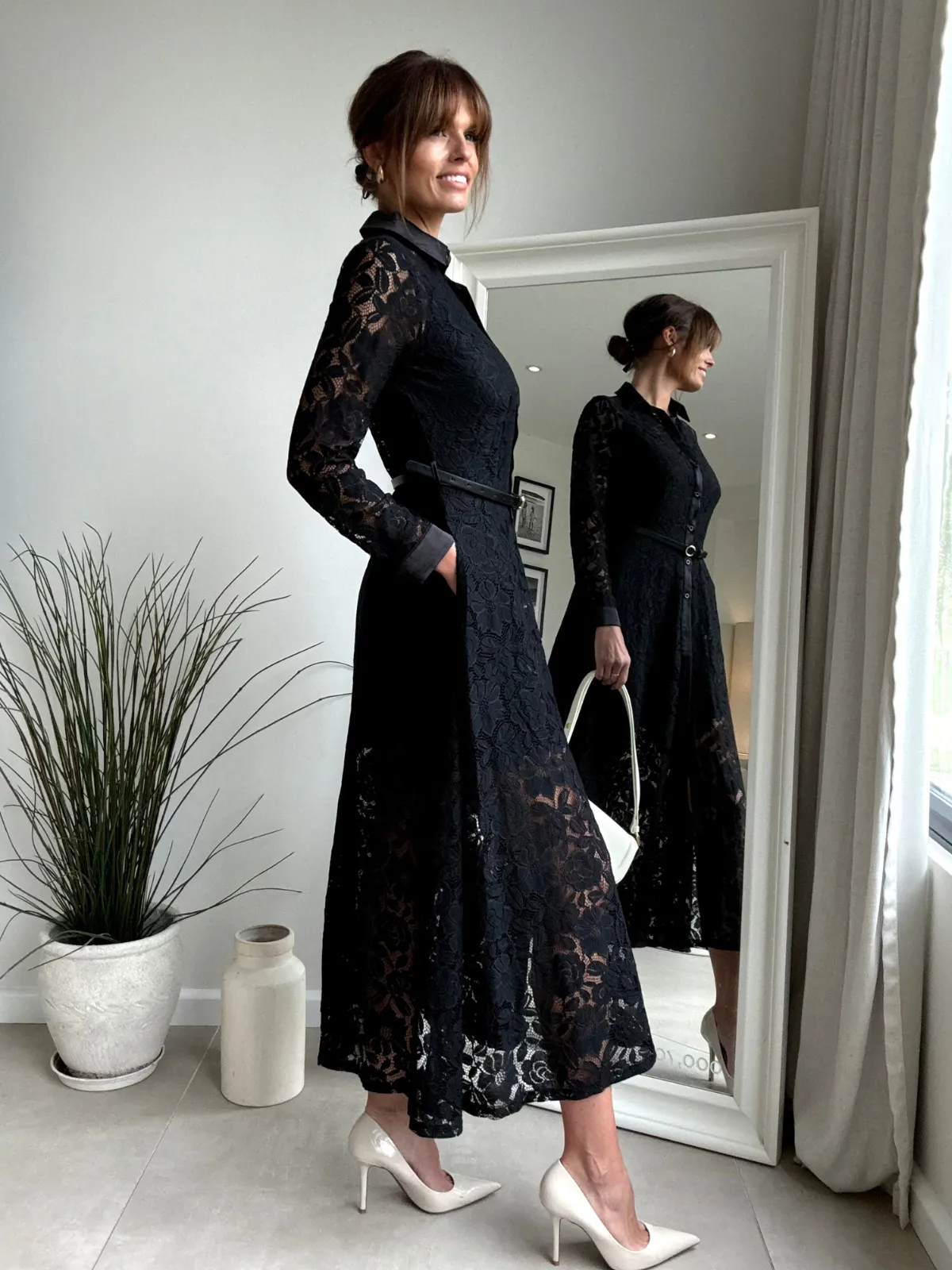 Daphne Belted Shirt Dress / Black Lace Soft Volume