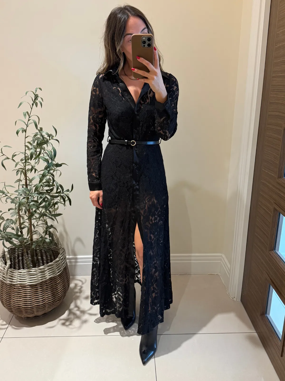 Daphne Belted Shirt Dress / Black Lace Body Confidence Sheer-Overlay