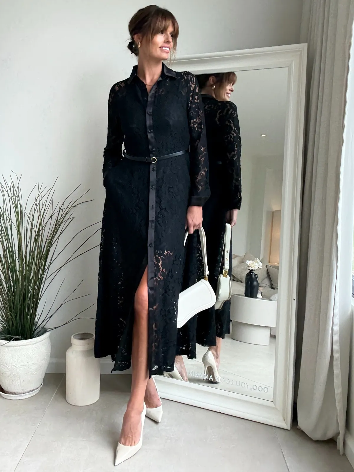 Timeless Layer Trendy Layering Daphne Belted Shirt Dress / Black Lace