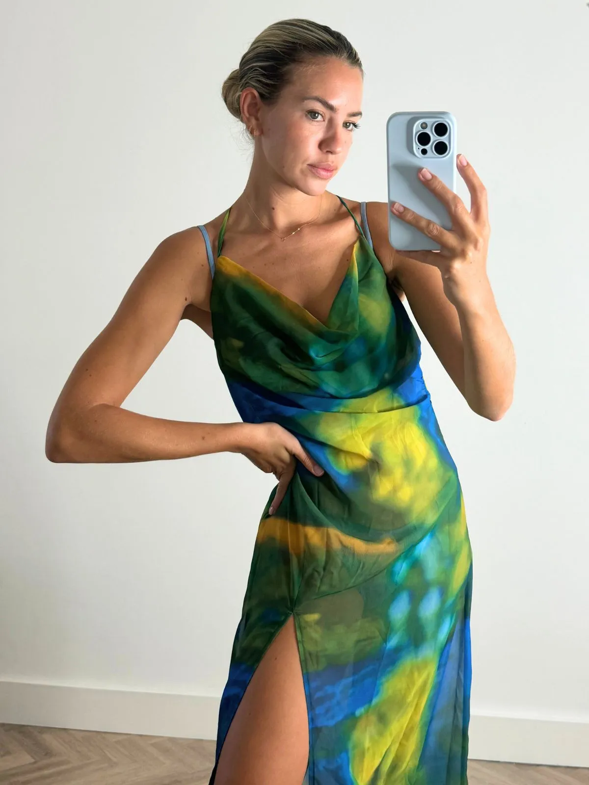 Sanchia Cowl Neck Maxi Dress in Blue and Green Gentle Glow