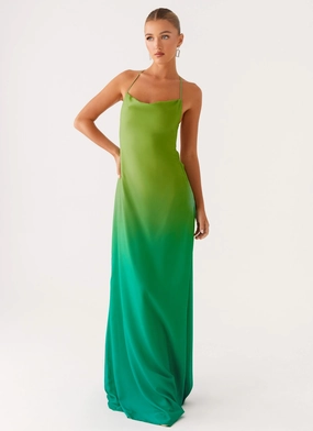 Opposites Attract Maxi Dress - Green Ombre Matte-Lining High-Low-Hem