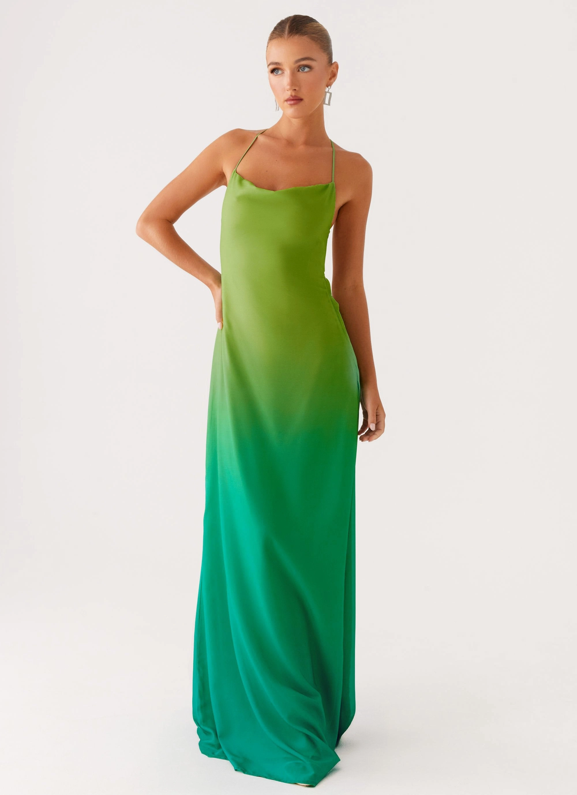 Opposites Attract Maxi Dress - Green Ombre Matte-Lining High-Low-Hem