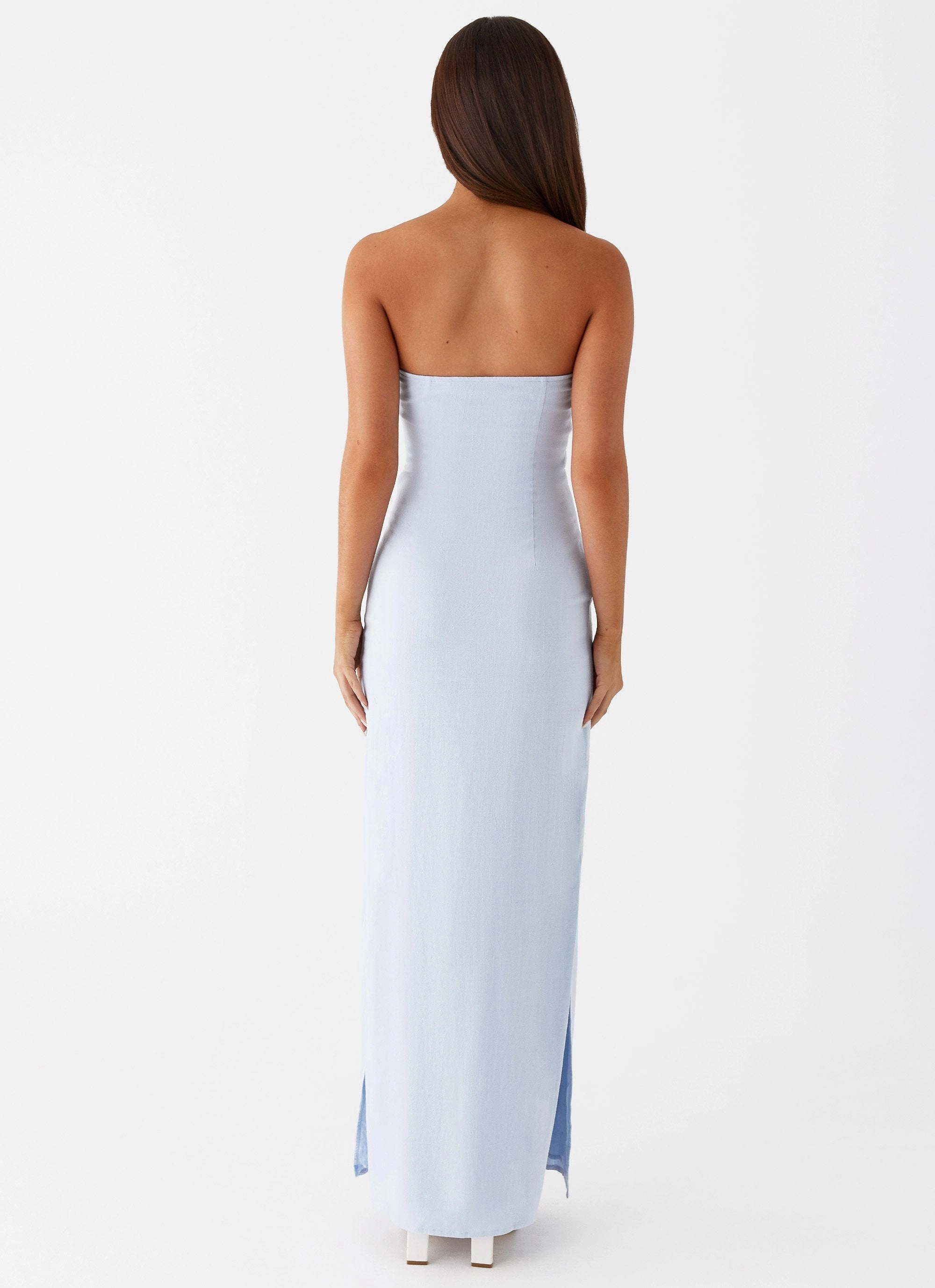 Pearl-Detail Photo Glow Esra Linen Strapless Maxi Dress - Blue
