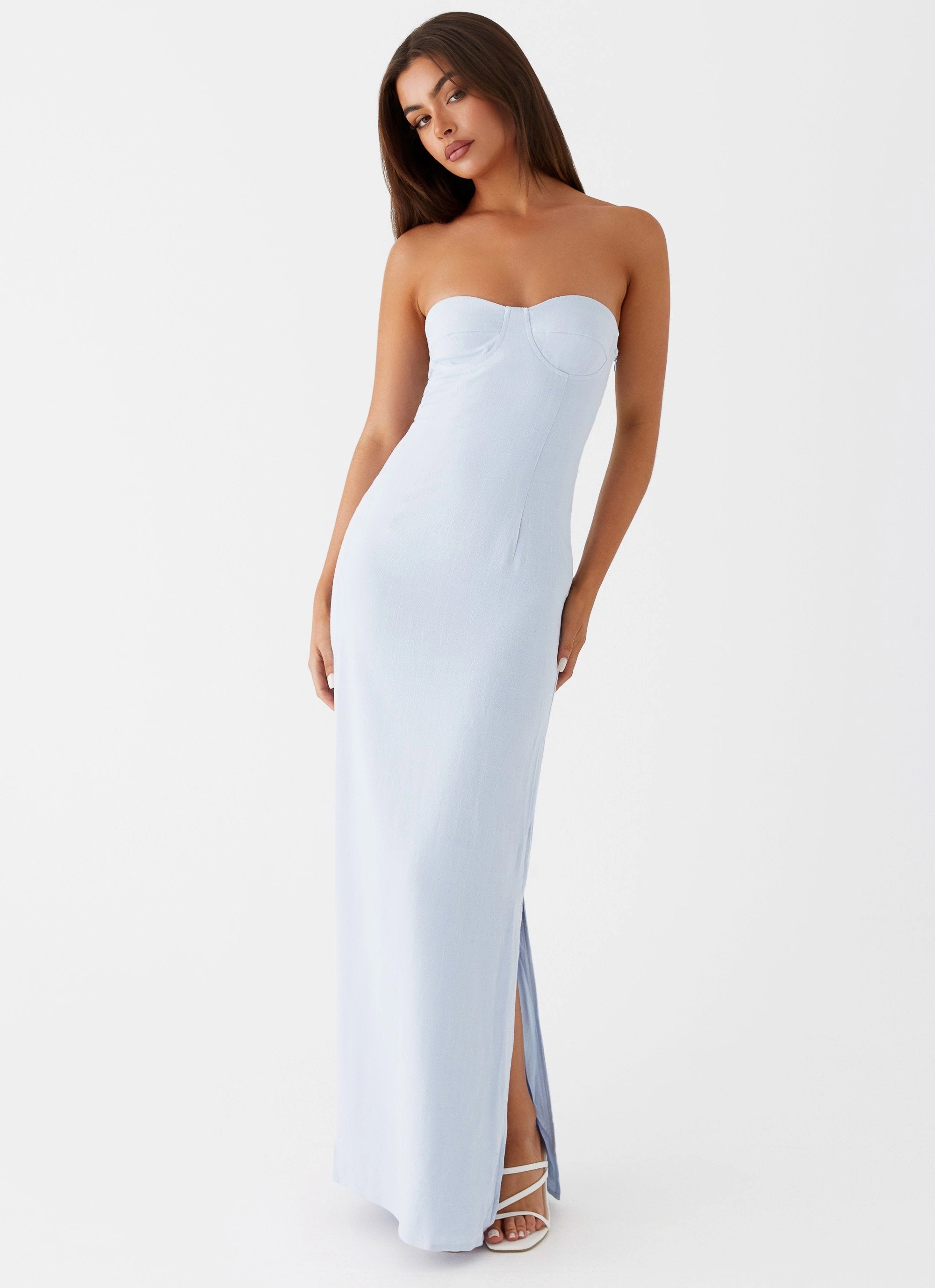 Silky Touch Office Friendly Esra Linen Strapless Maxi Dress - Blue