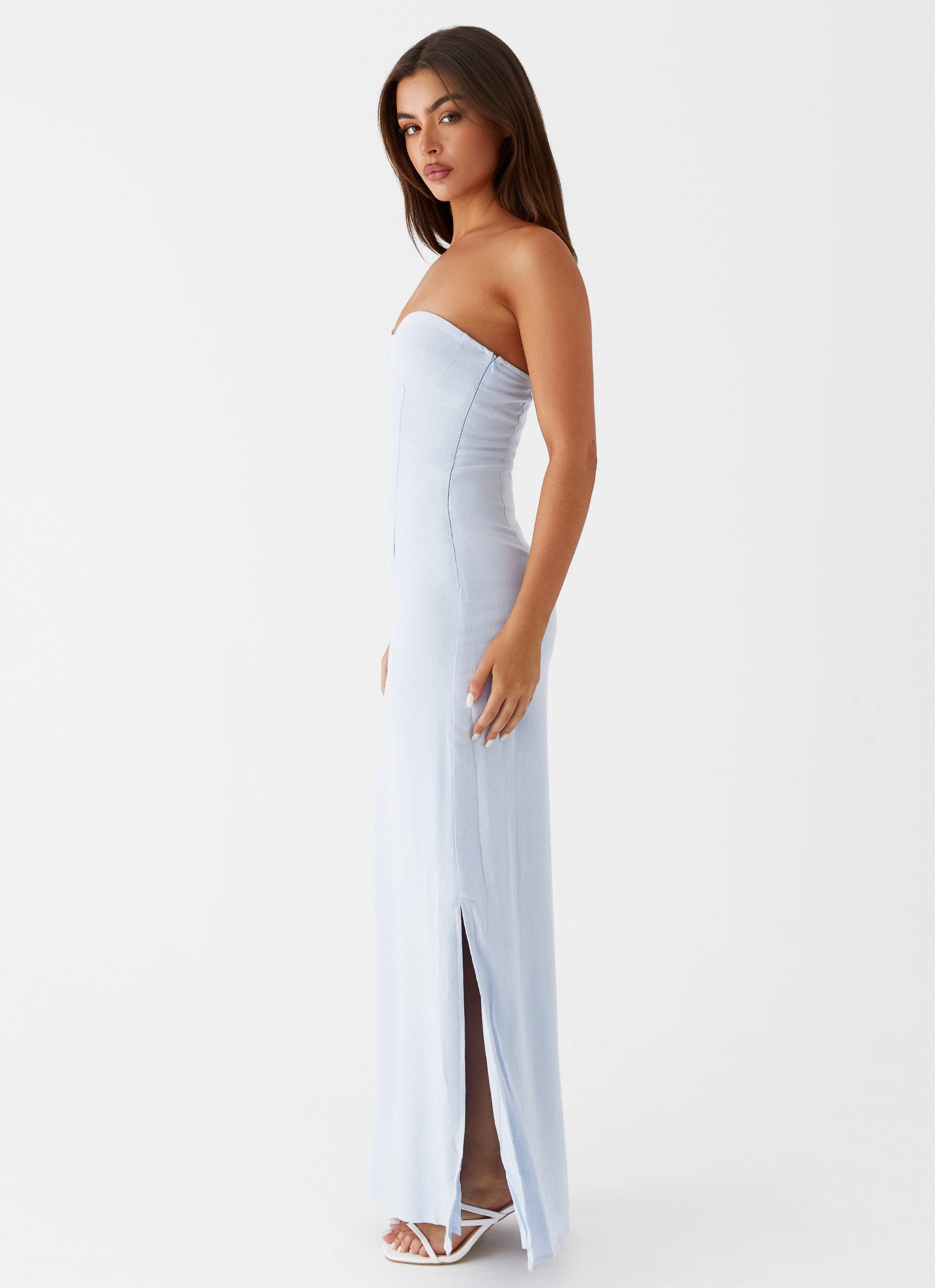Easy Pretty Work Ease Esra Linen Strapless Maxi Dress - Blue
