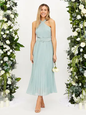 Cross Neck Pleated Midaxi Chiffon Dress / Sage Subtle Glow Bishop-Sleeve