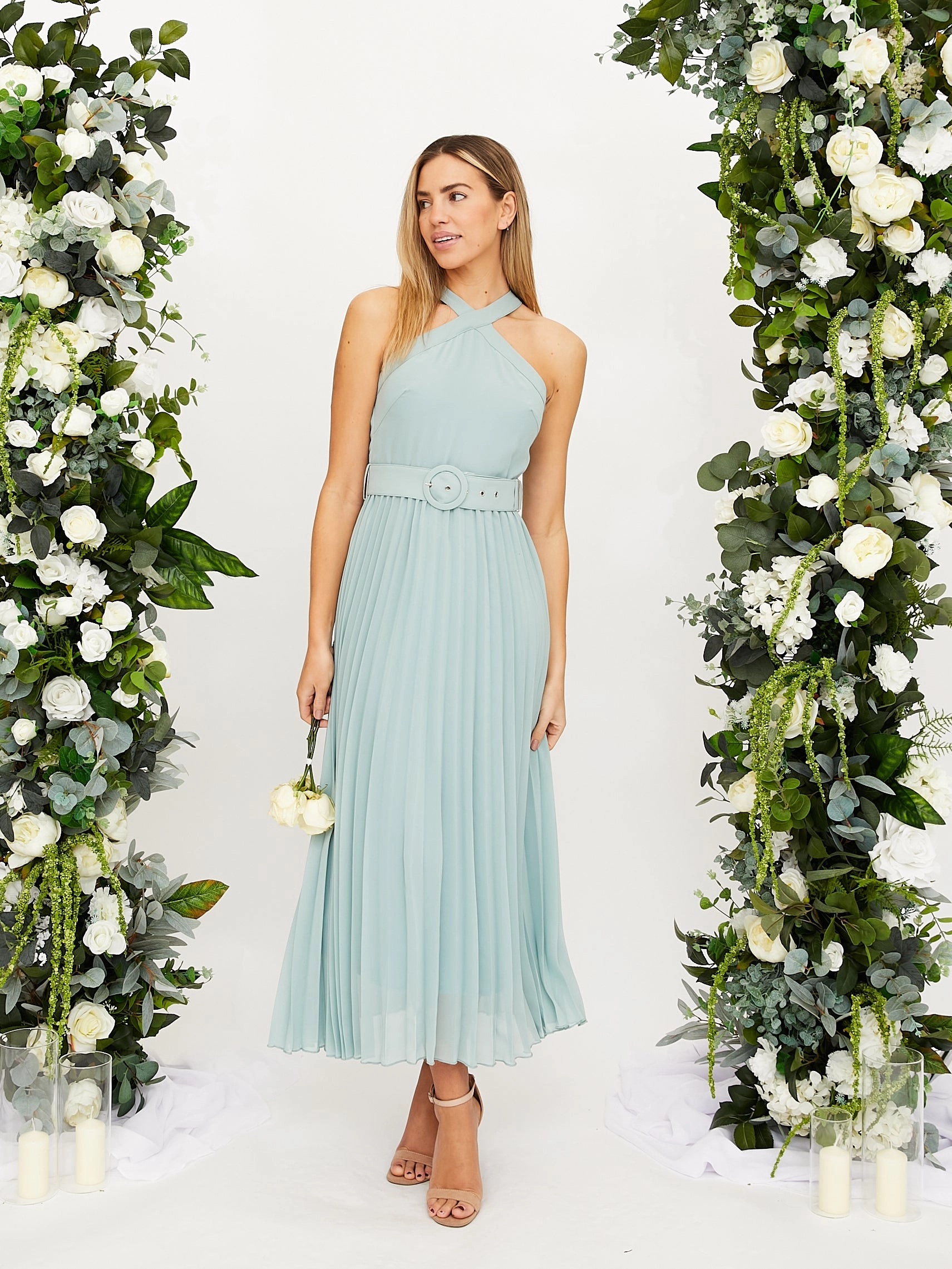 Cross Neck Pleated Midaxi Chiffon Dress / Sage Stylish Feel Soft cotton blend dress