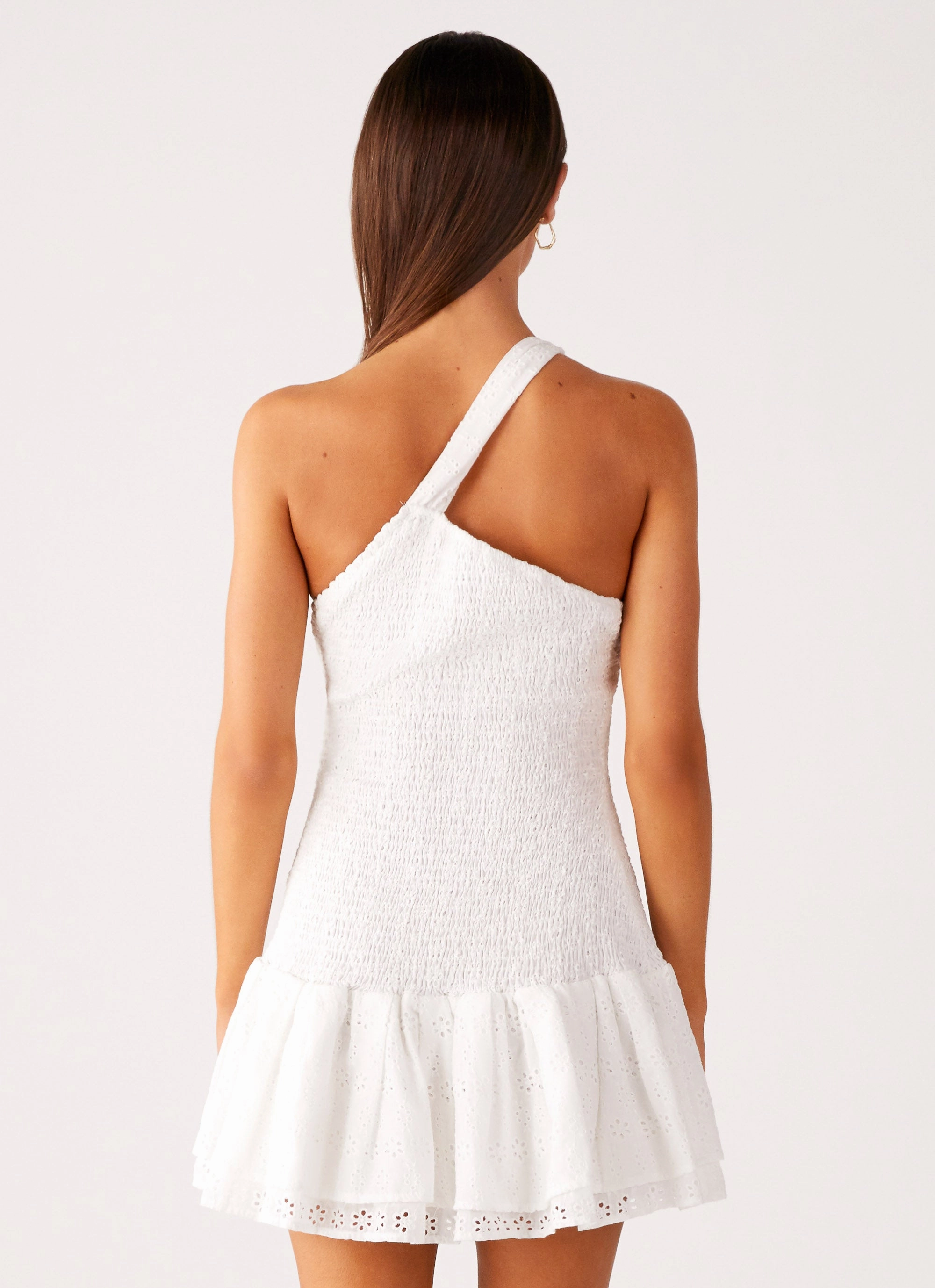 Timeless Wear Scalloped-Edge Hestia Drop Waist Shirring Mini Dress - White