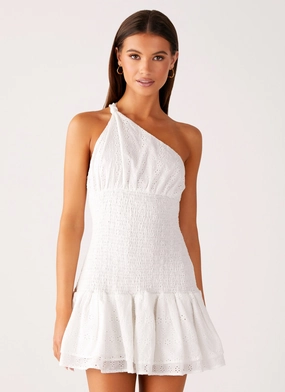 Hestia Drop Waist Shirring Mini Dress - White Poised Vibe Lightweight Layer