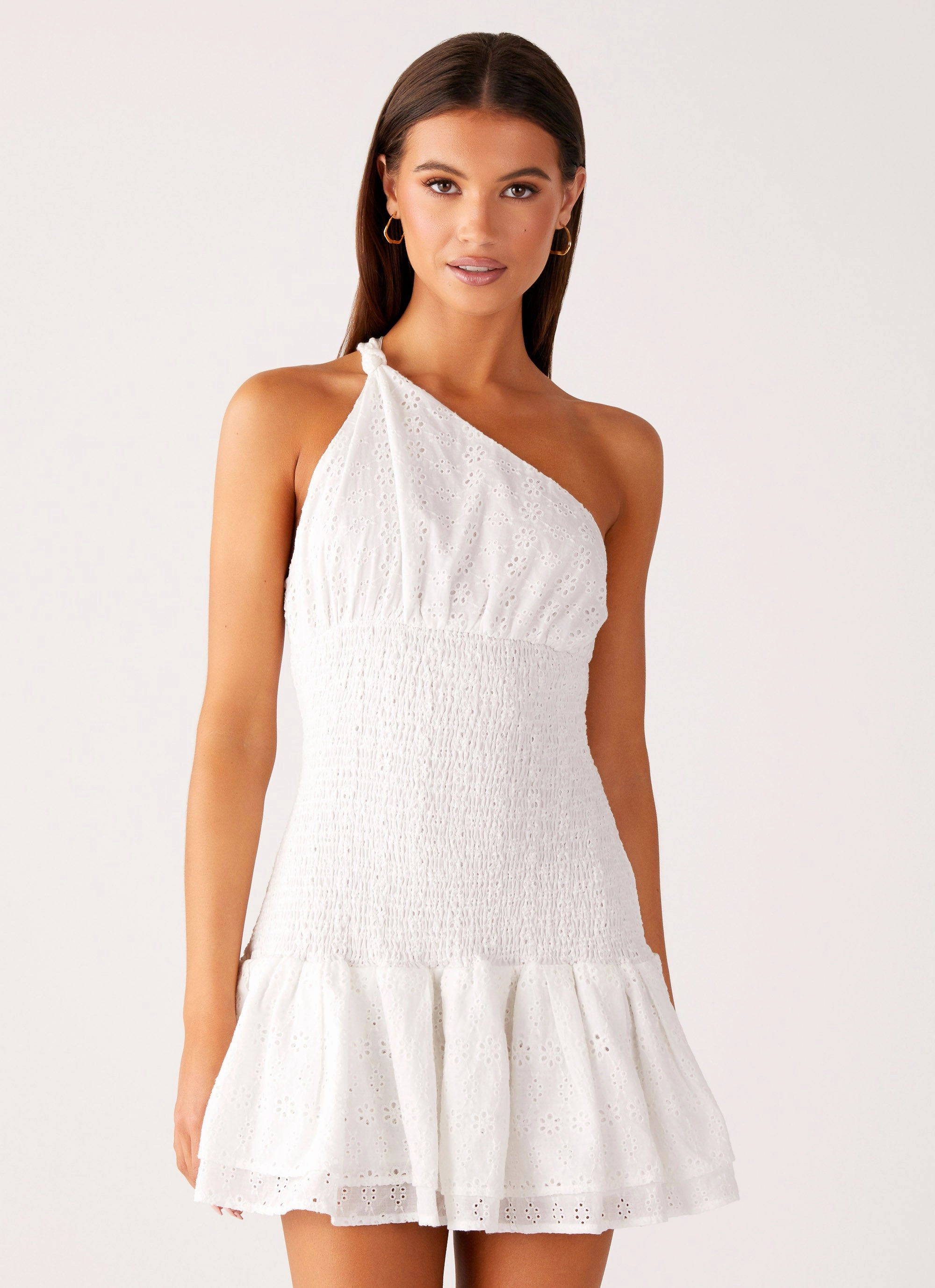 Hestia Drop Waist Shirring Mini Dress - White Poised Vibe Lightweight Layer