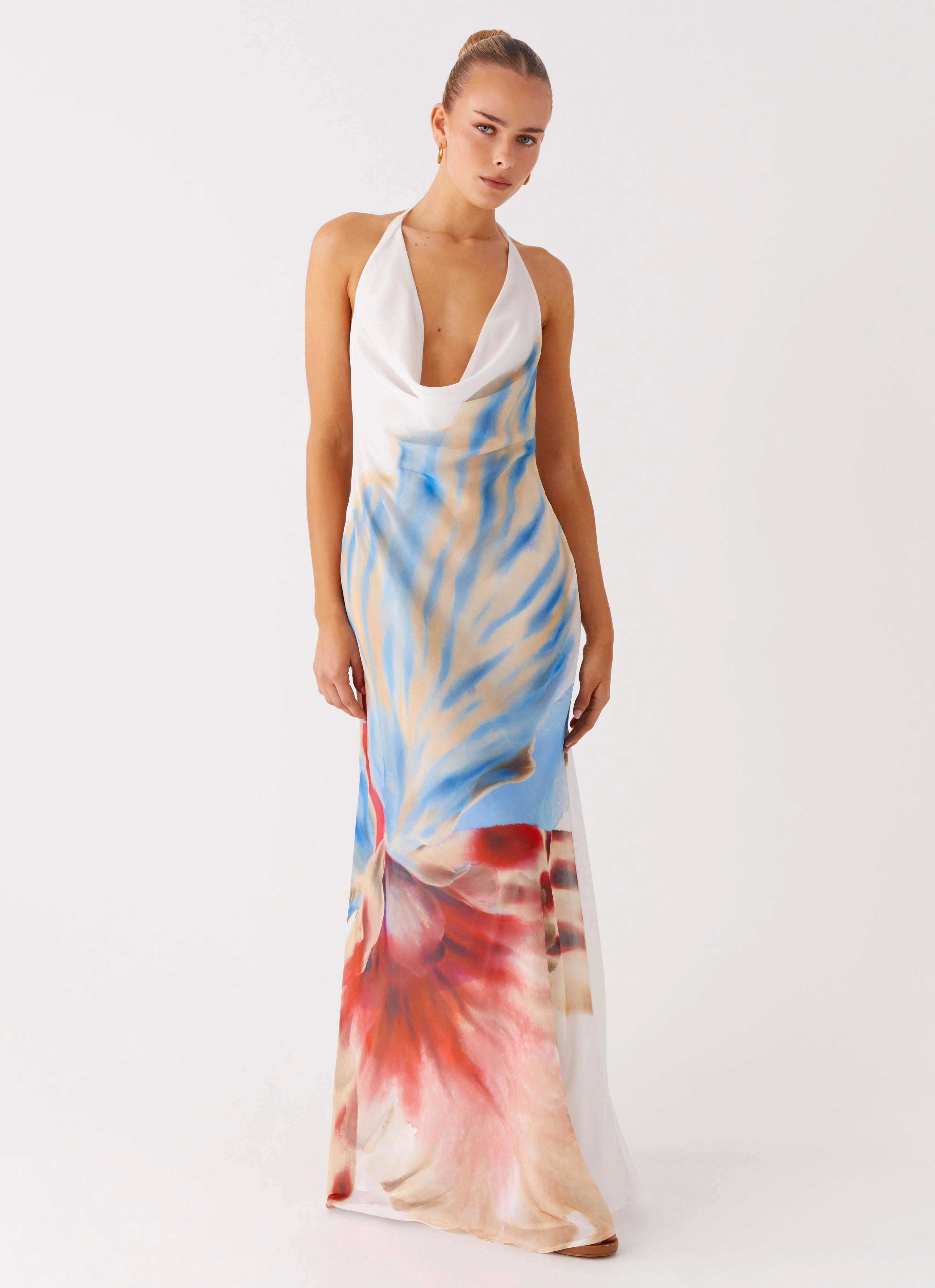 Stars Align Cowl Maxi Dress - White Sea Bloom Coastal Soft hypoallergenic