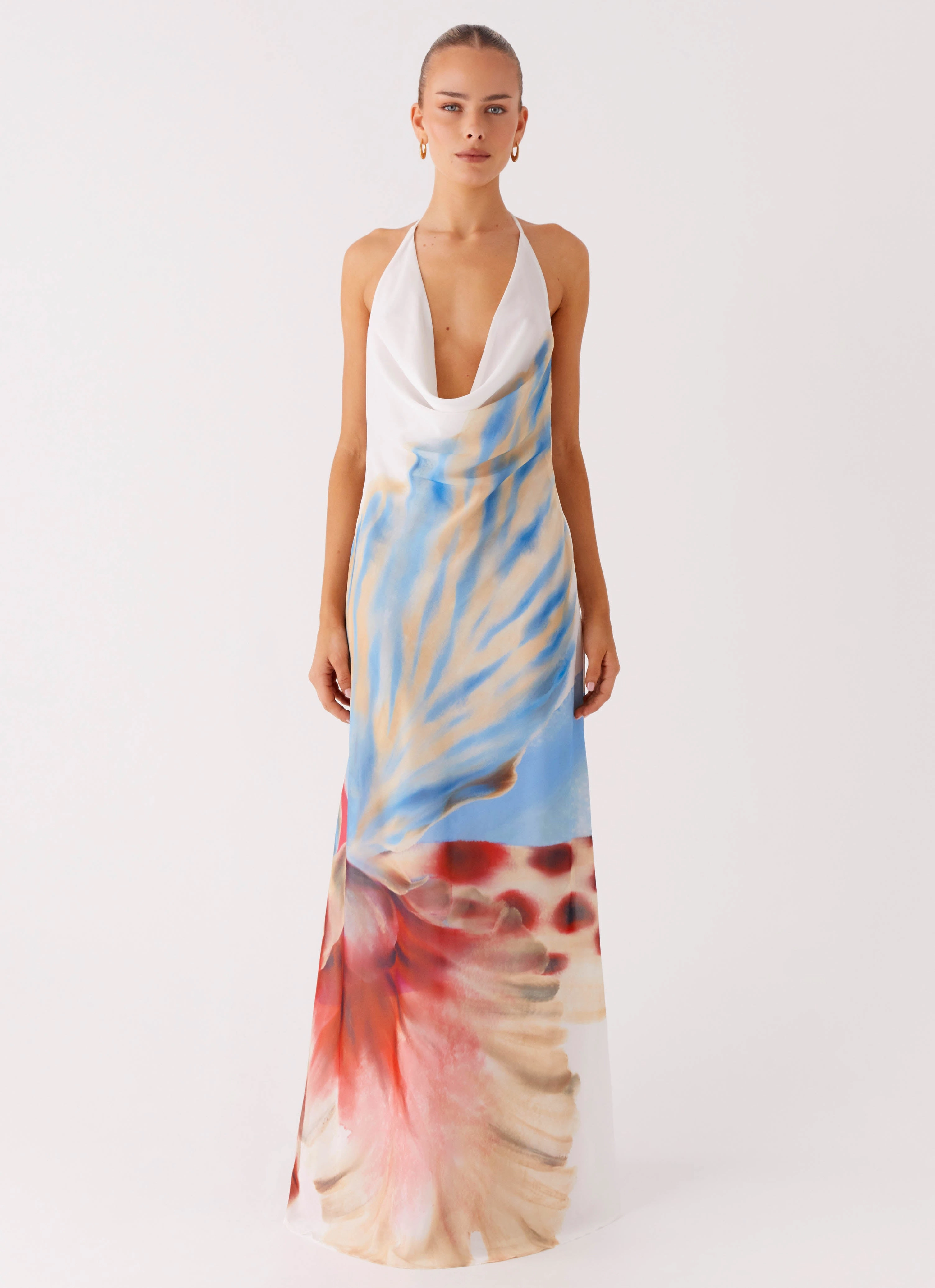 Elegant Layering Stars Align Cowl Maxi Dress - White Sea Bloom