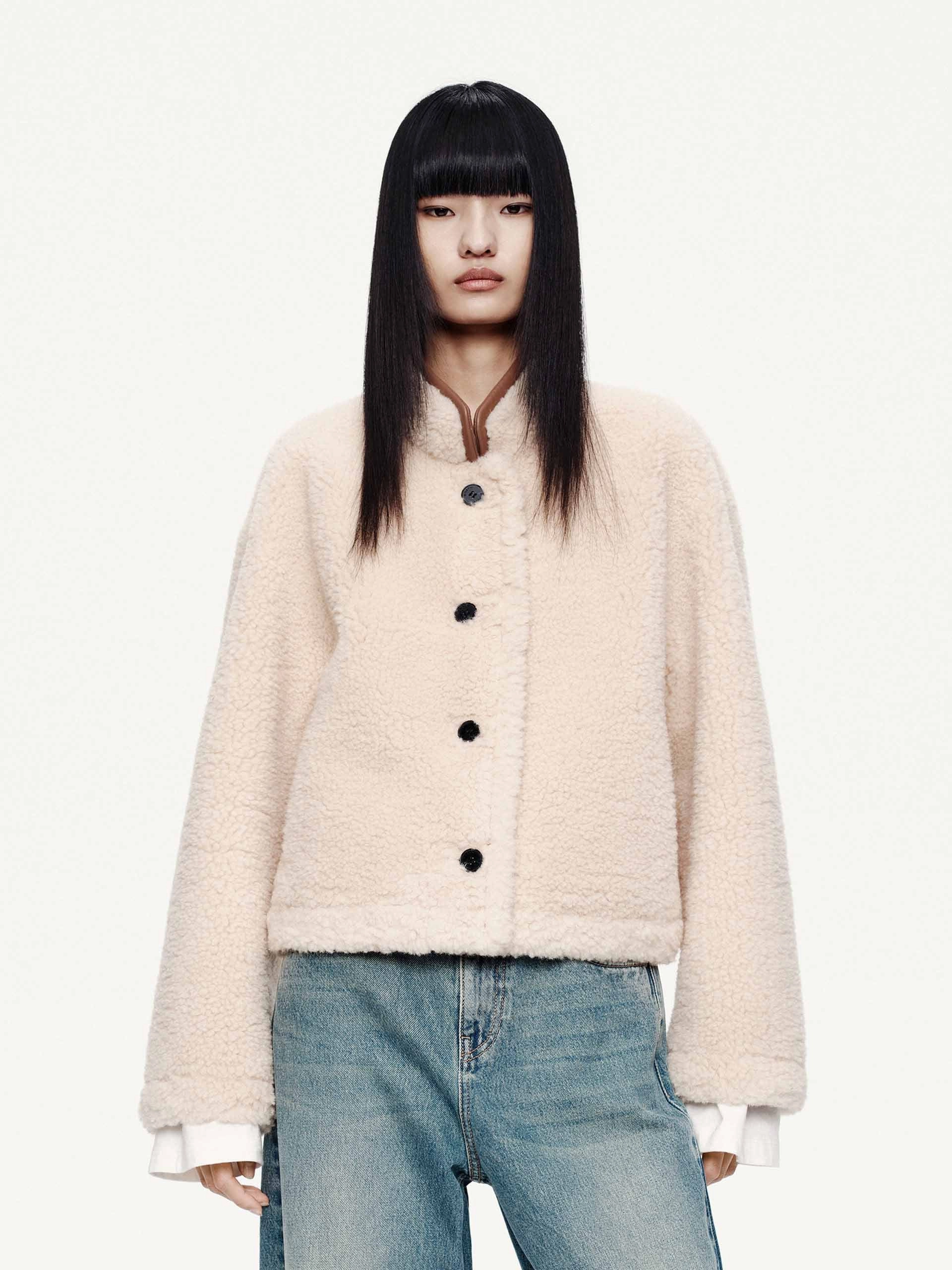 Faux Shearling Button Coat WindproofDesign Minimalist Design