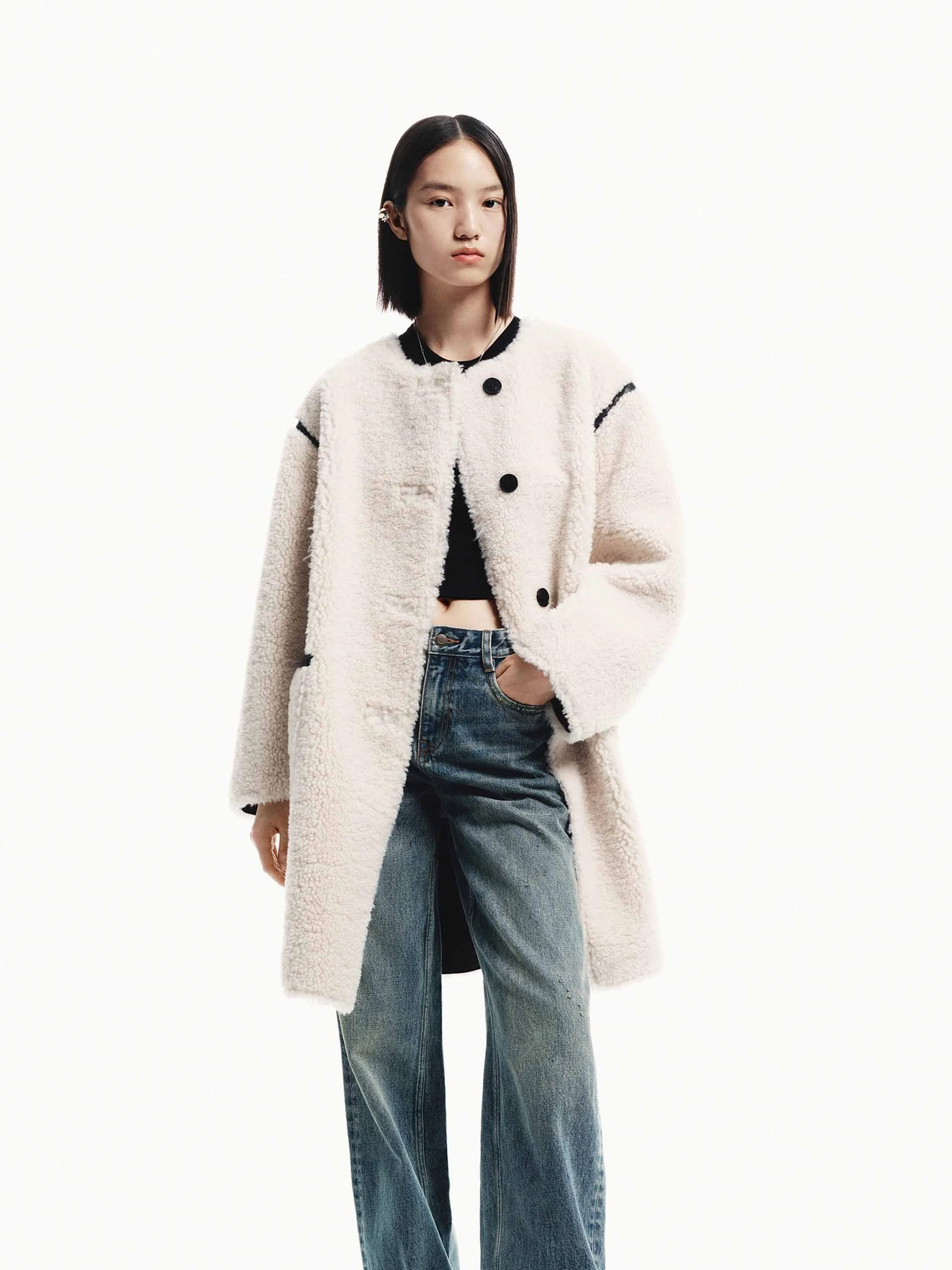 Faux Shearling Midi Coat Soft Interior Brushing Convertible Collar