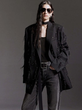 Rubberized Edging Feather Embellished Wool Blazer