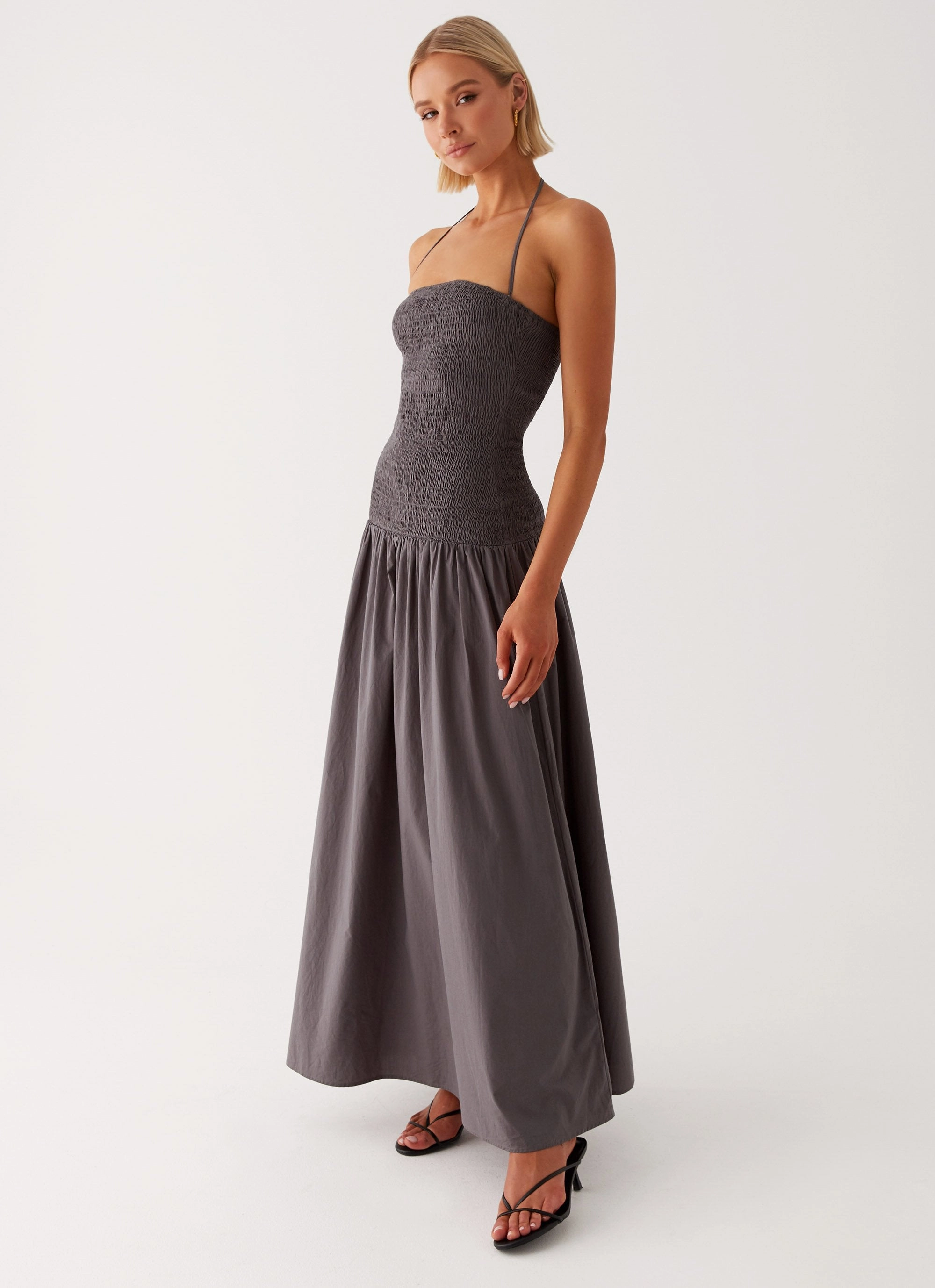 Zahra Maxi Dress - Charcoal Bell-Sleeve Airy Layer