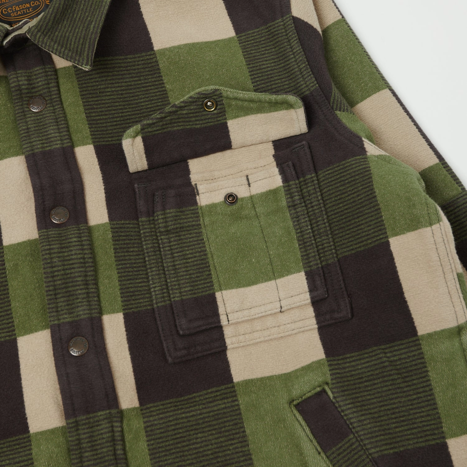 Filson Beartooth Camp Jacket - Cinder Olive Check Seamless Welded Construction