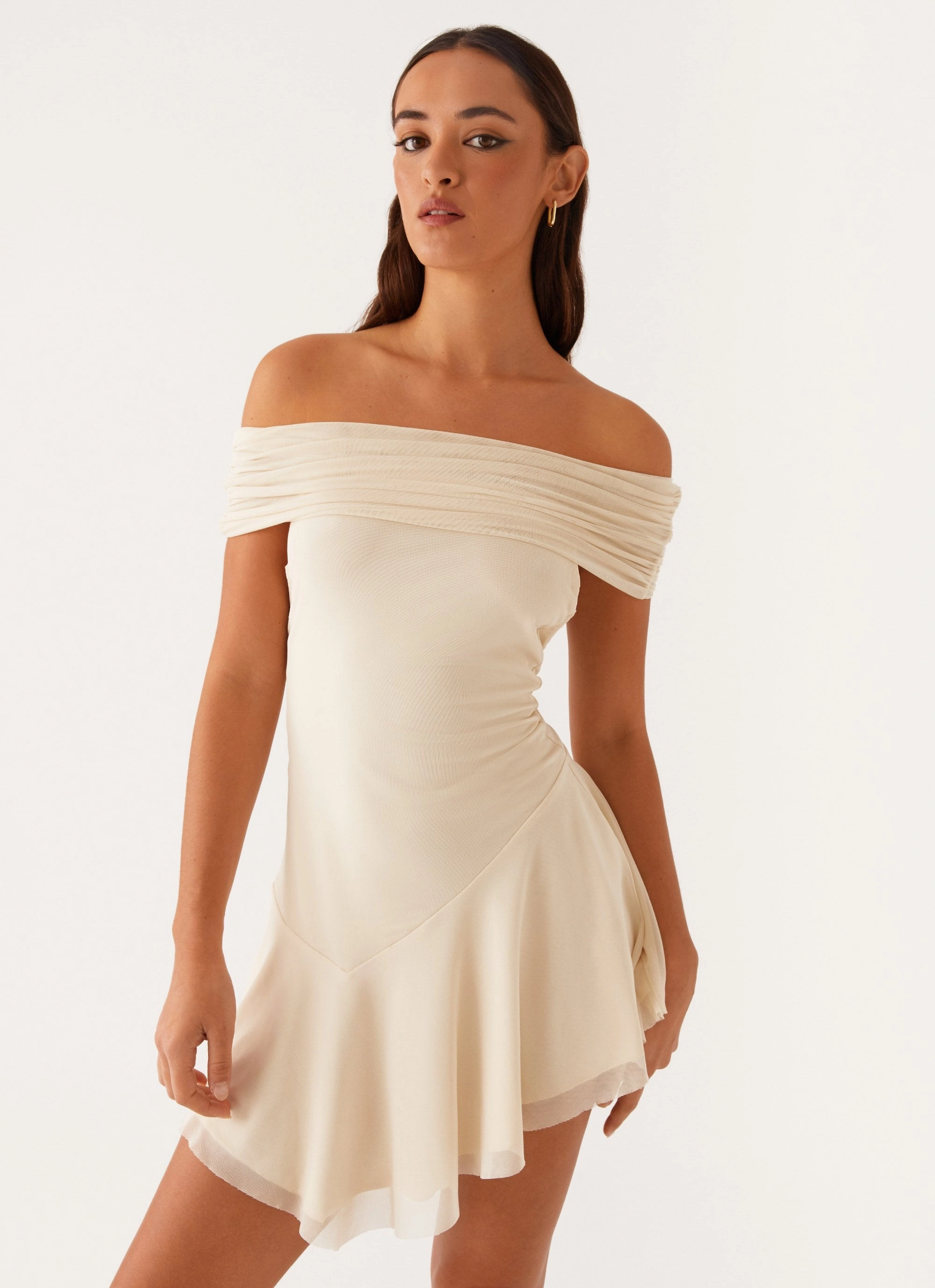 Textured Flow Cool Finish Finola Off Shoulder Mini Dress - Pastel Yellow